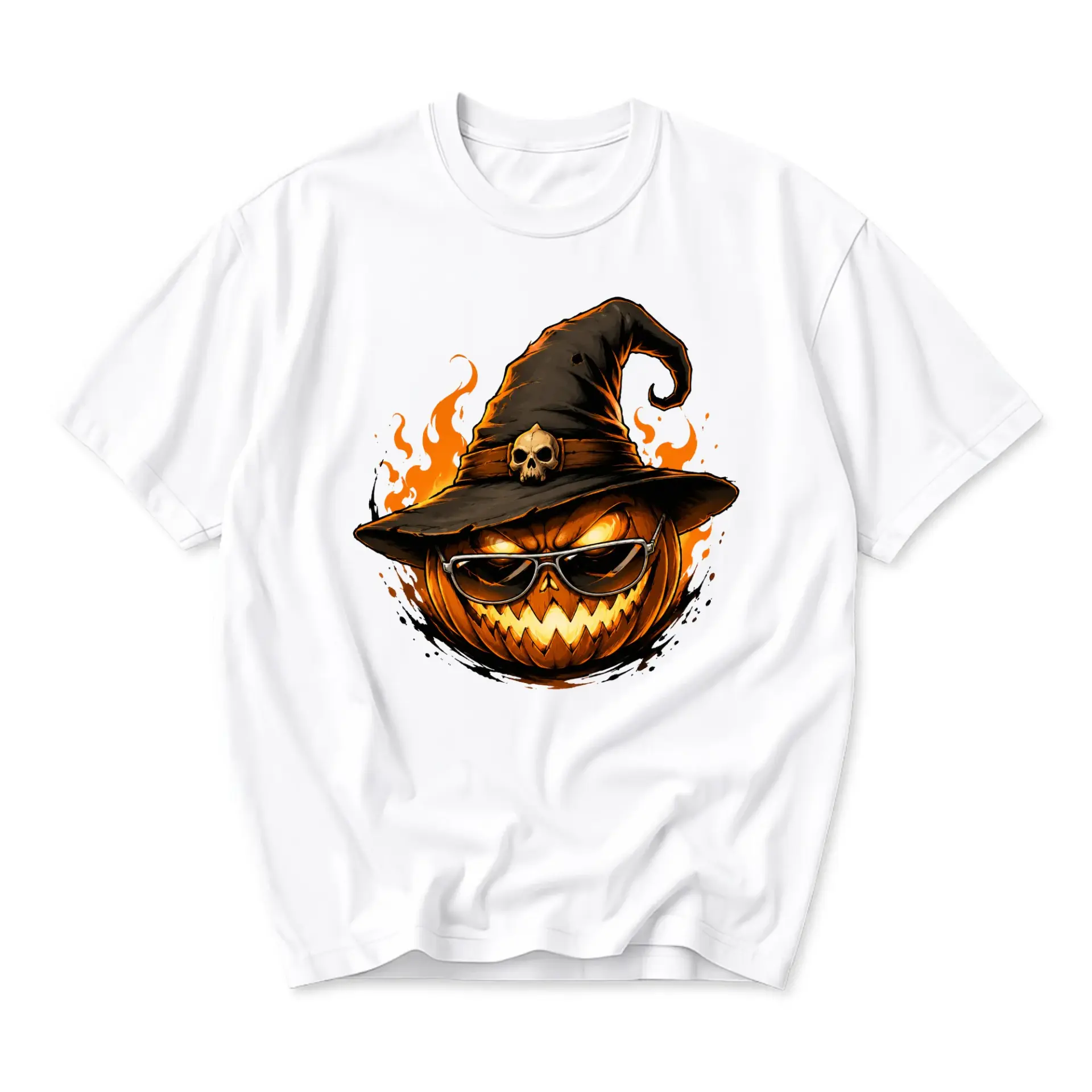 Funny Shirt Pumpkin Wearing Witch Hat and Sunglasses Graphic Tee Unisex Crew Neck Seasonal Casual Apparel White