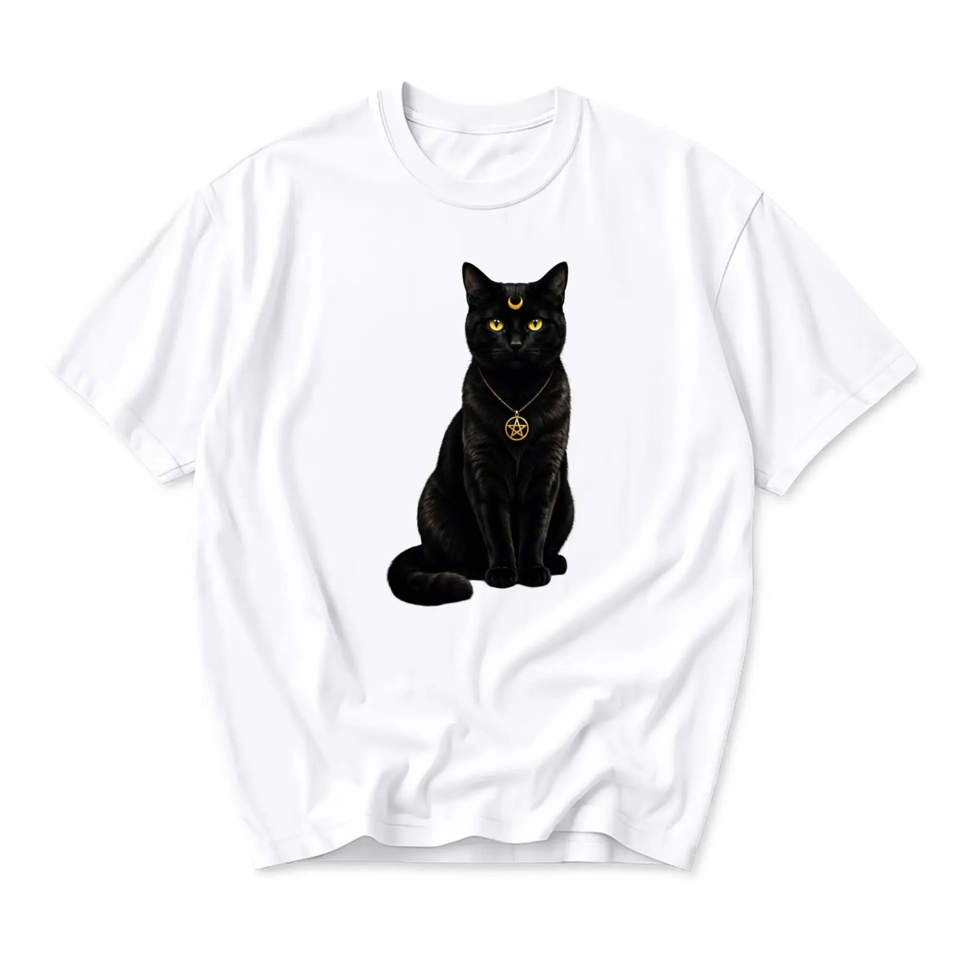 Graphic Tee Black Cat Wearing Pentagram Necklace T-Shirt Unisex Crew Neck Soft Cotton Casual Everyday Apparel