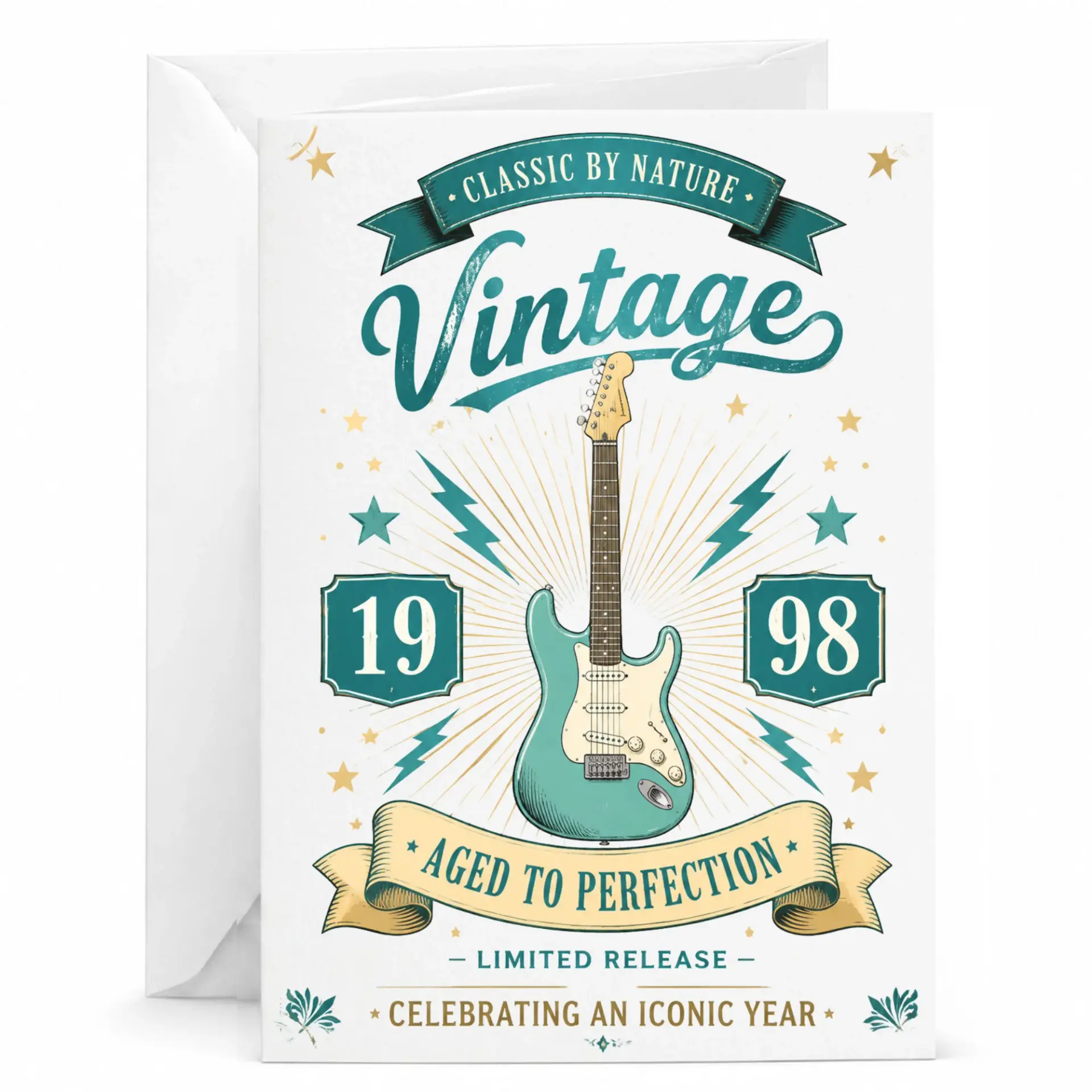 Greeting Card for Musician Vintage 1998 Aged to Perfection Electric Guitar Theme Birthday Celebration Stationery Note