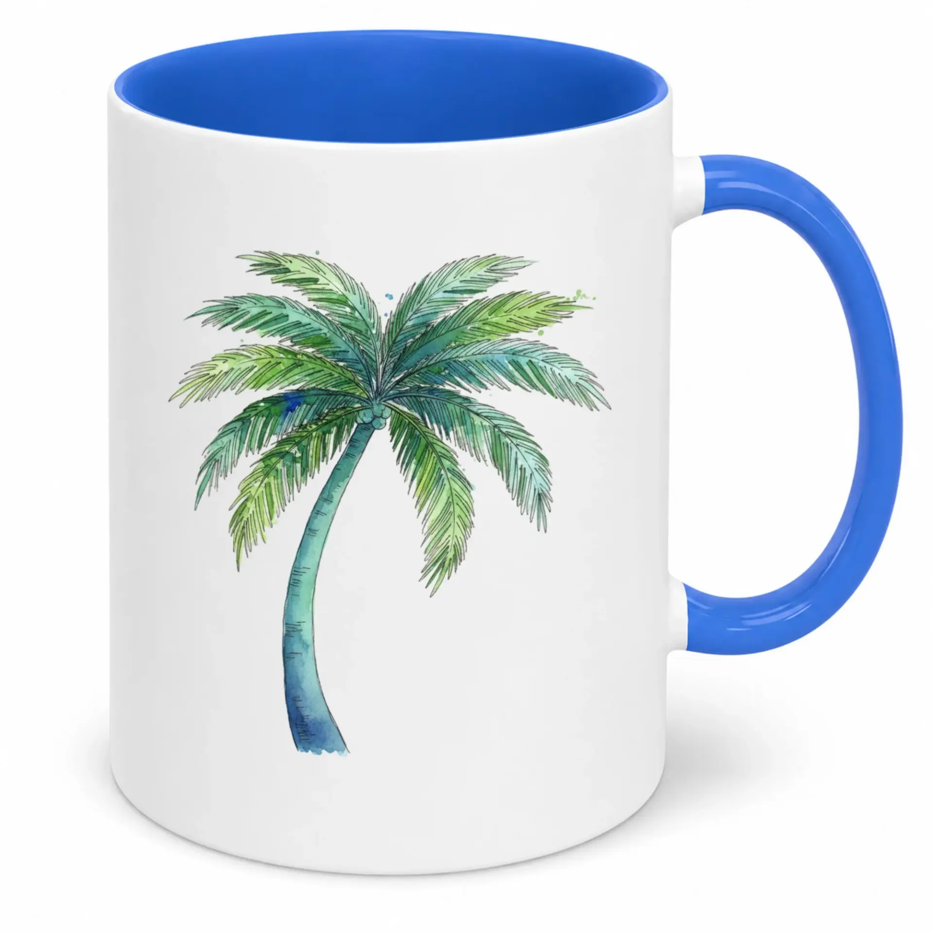 Tropical Palm Tree Watercolor Ceramic Coffee Mug with Blue Handle and Interior, 11oz or 15oz White Drinkware for Home & Office