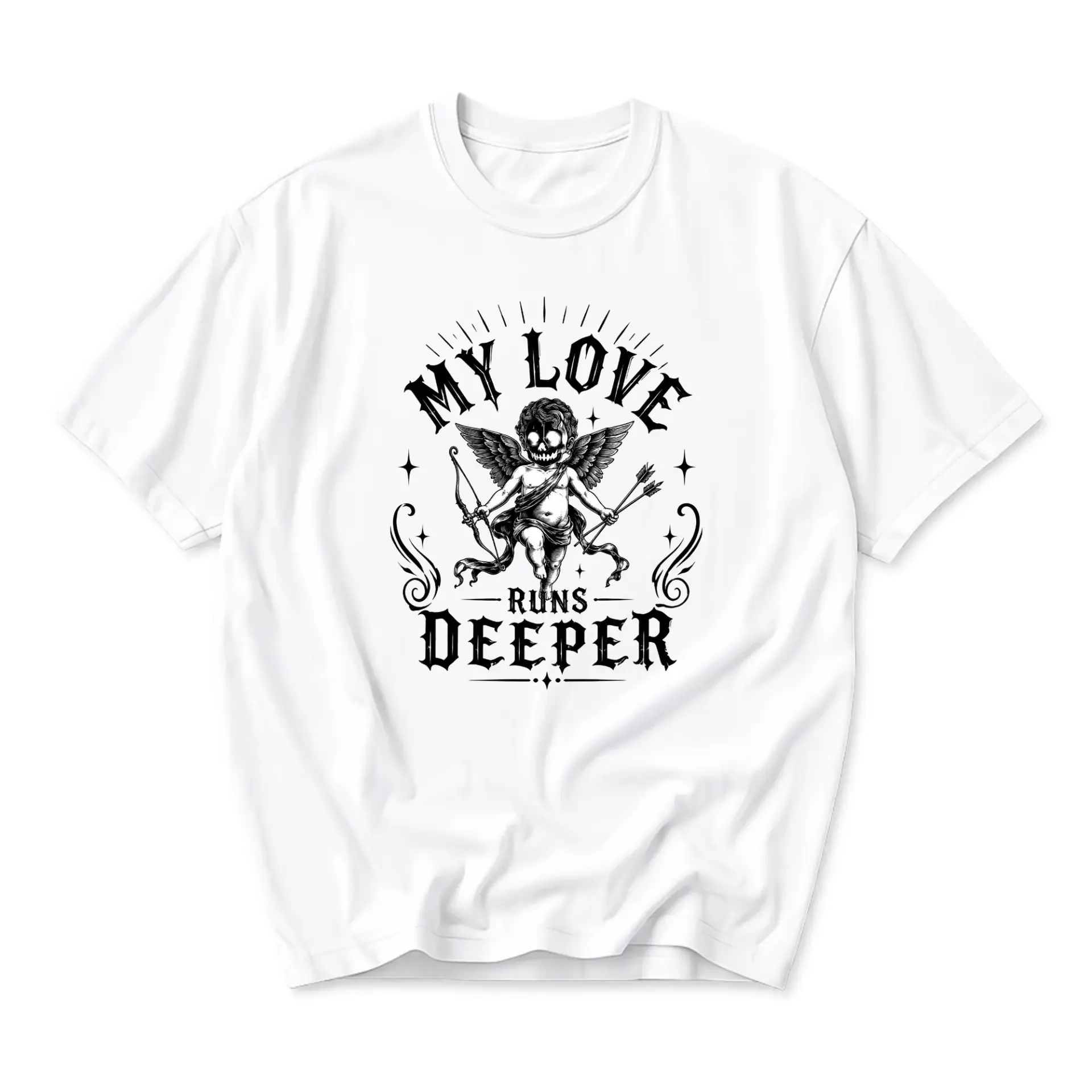Graphic Tee My Love Runs Deeper Skull Cherub Cupid Print Unisex Crew Neck Casual Cotton Blend Short Sleeve Shirt