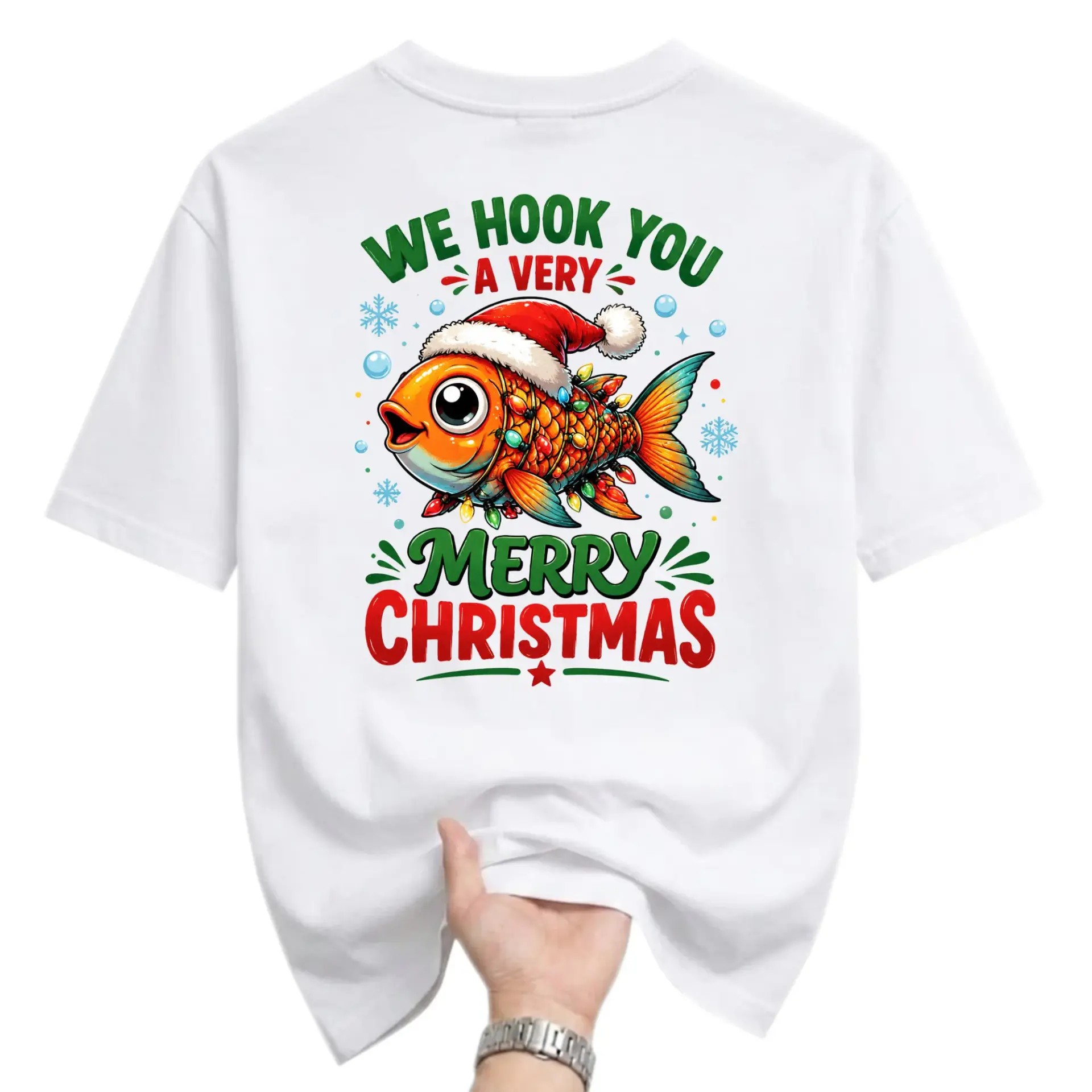 Funny Shirt We Hook You a Merry Christmas Graphic Tee Holiday Fishing Themed Unisex Crew Neck Casual White T-Shirt