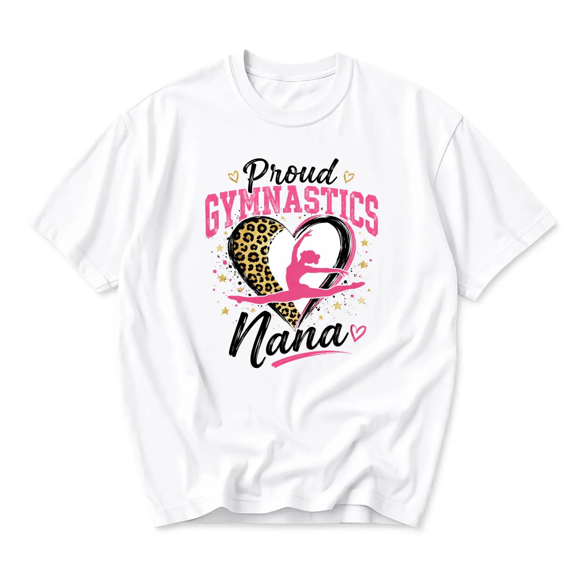 Graphic Tee Proud Gymnastics Nana Shirt Featuring Leopard Print Heart and Gymnast Silhouette Casual Crew Neck Top