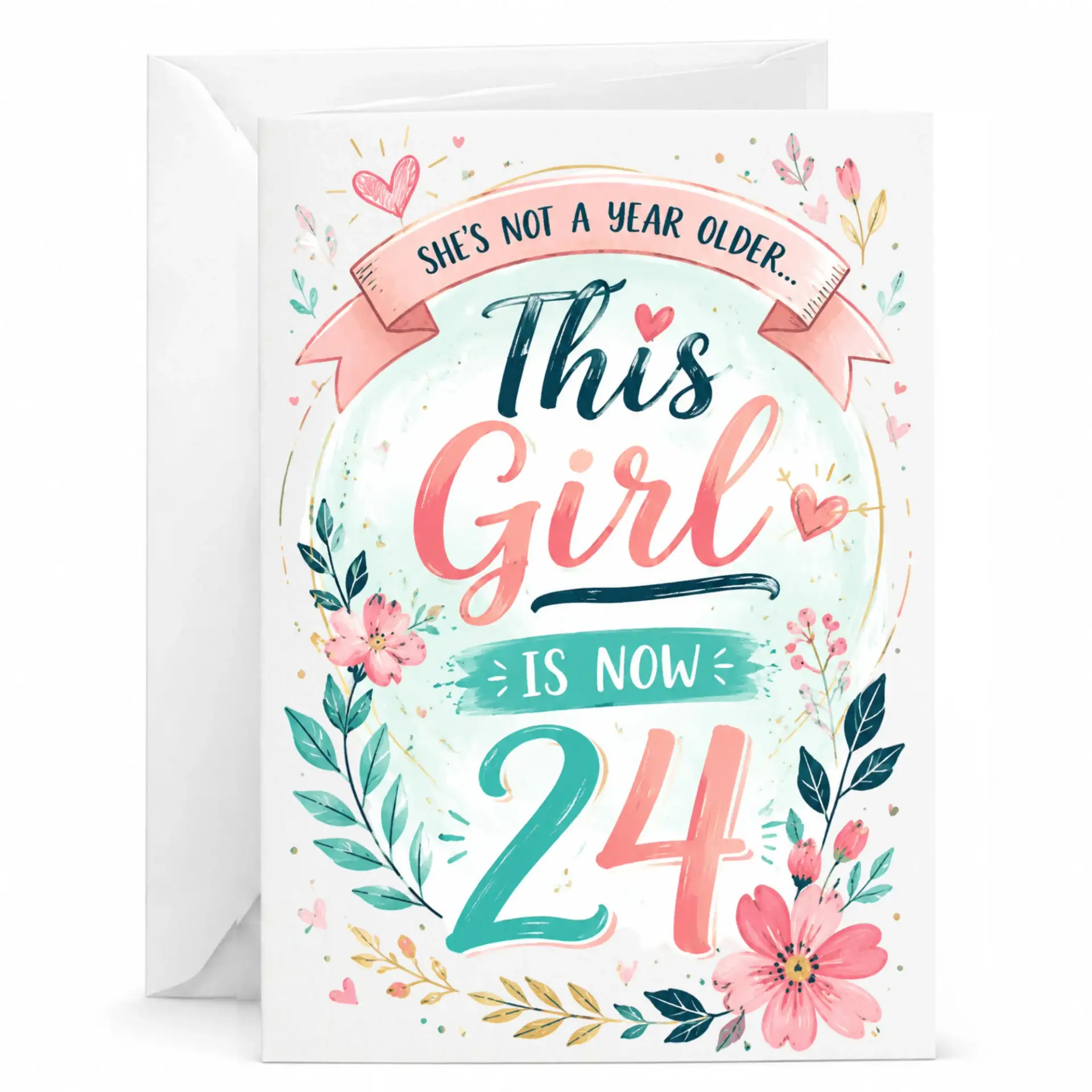 Funny Birthday Card for Her, 24th Birthday Greeting Card with Floral Design and Keepsake Envelope, 5x7 Folded Note