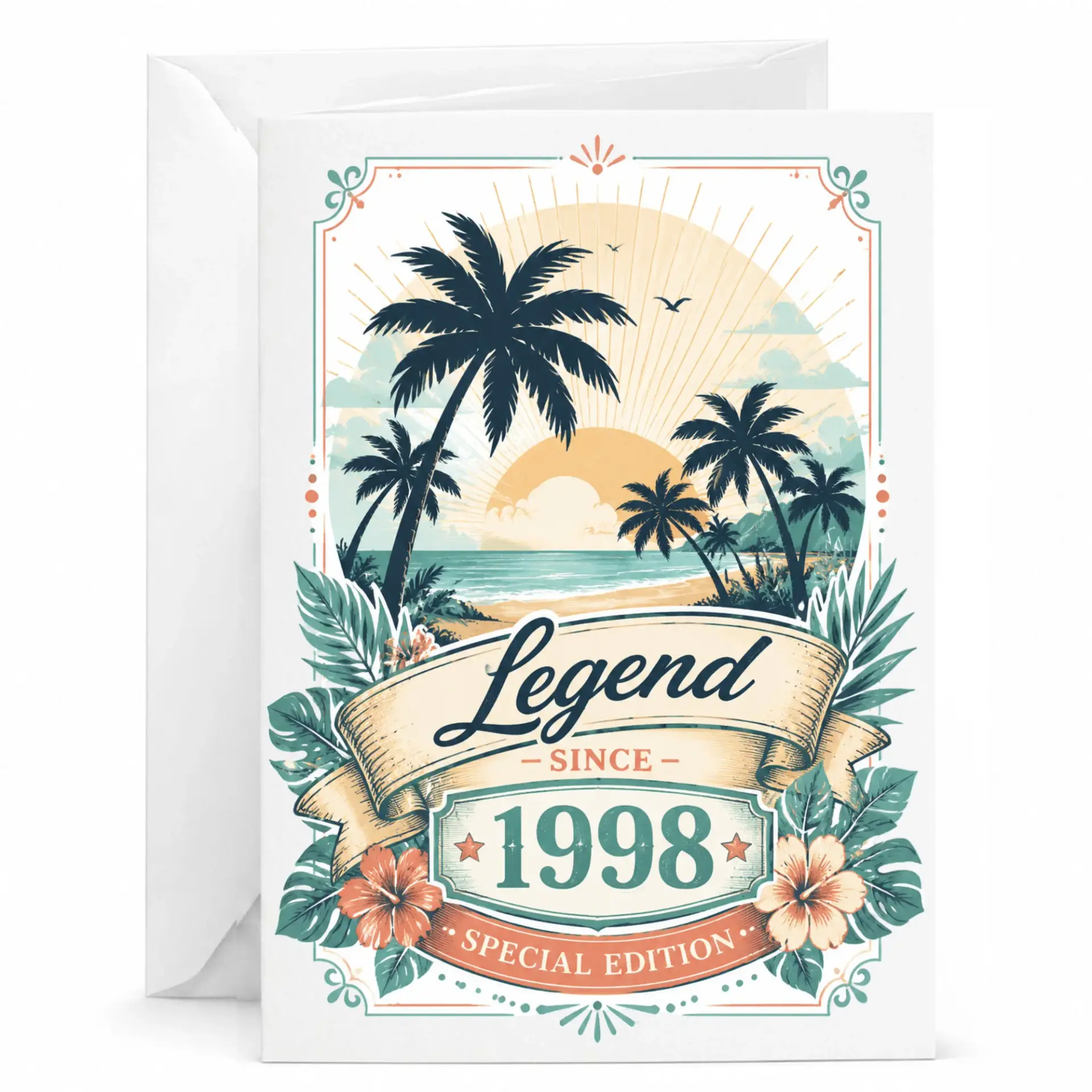 Birthday Card Legend Since 1998 Tropical Sunset Design Premium Greeting Card with White Envelope for Milestone Celebration