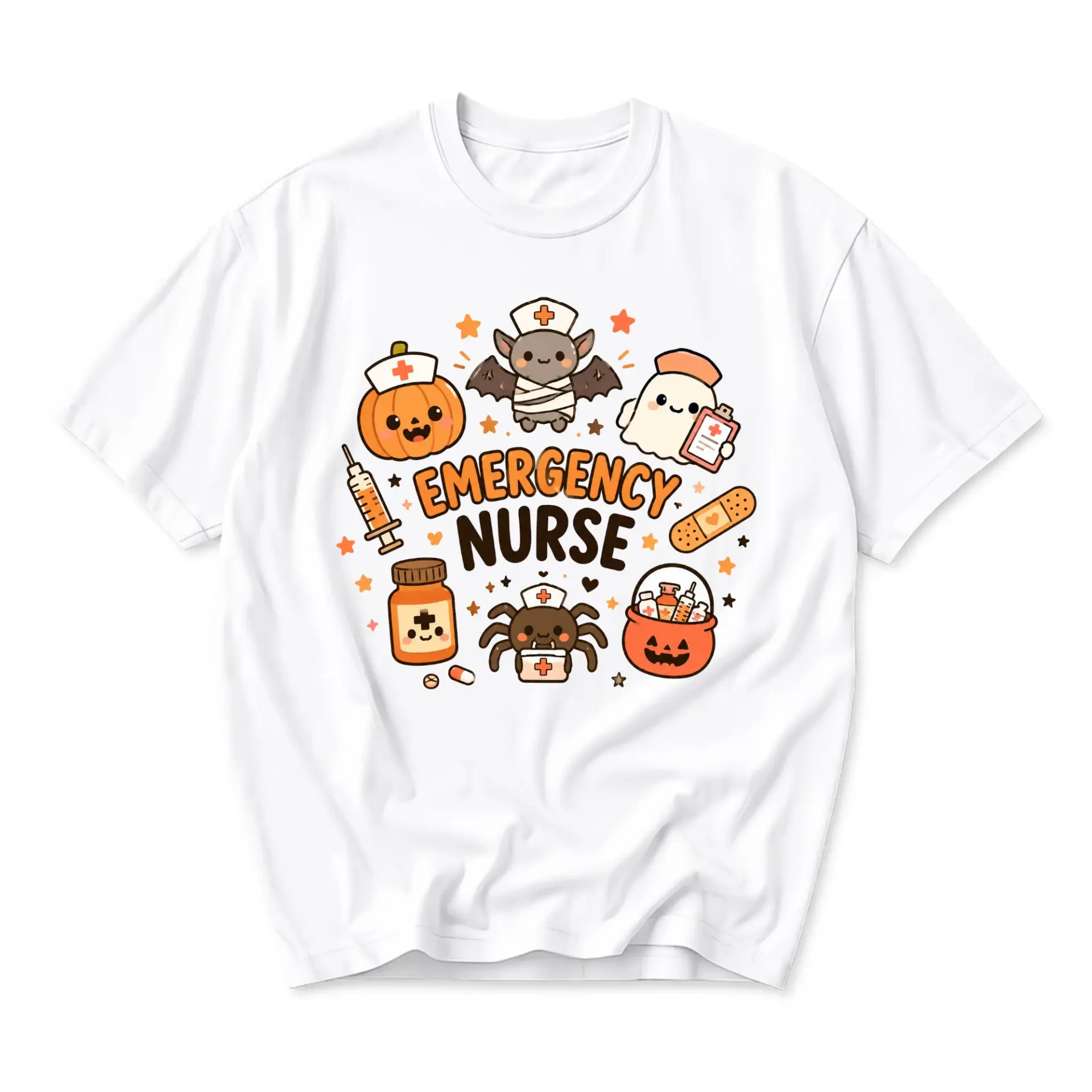 Funny Shirt Emergency Nurse Halloween Graphic Tee Cute Spooky Characters Medical Humor Unisex Crew Neck Apparel