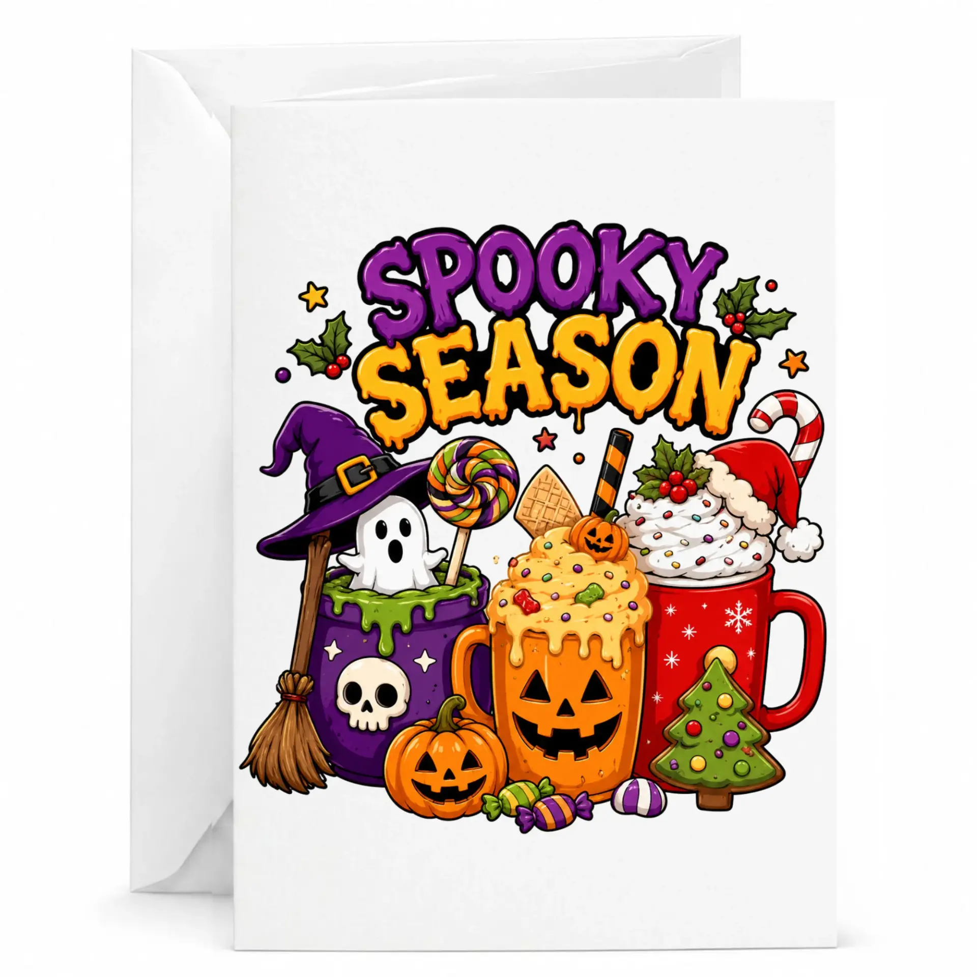 Greeting Card Spooky Season Festive Halloween and Holiday Blend Illustration with Witch Hat Cocoa Mugs