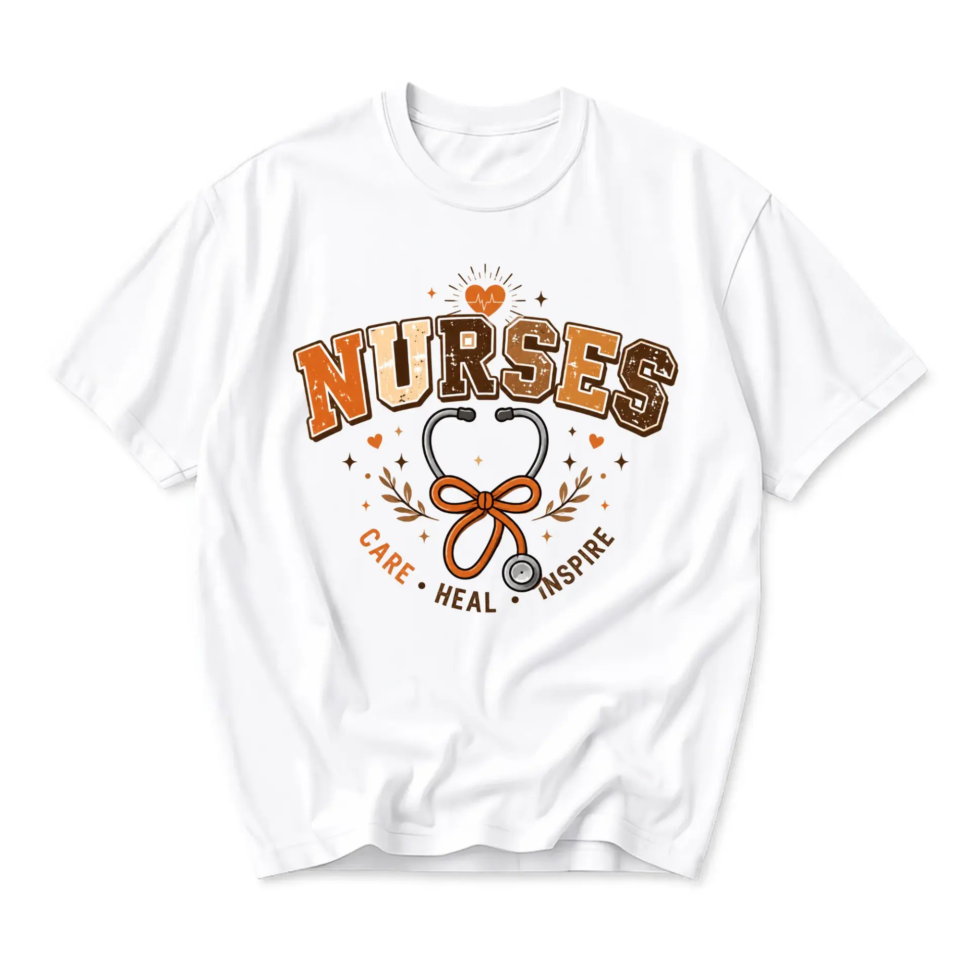 Graphic Tee Nurses Care Heal Inspire Heart Stethoscope Design Unisex Cotton Crew Neck Short Sleeve Everyday Shirt