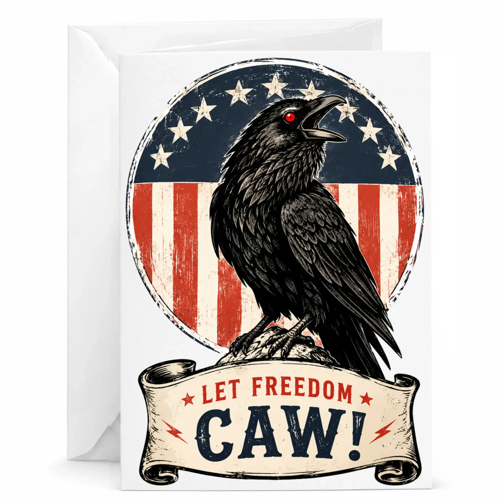 Funny Patriotic Greeting Card Let Caw Bird Pun Artwork for Friends and Family 5x7 Inch Folded Note