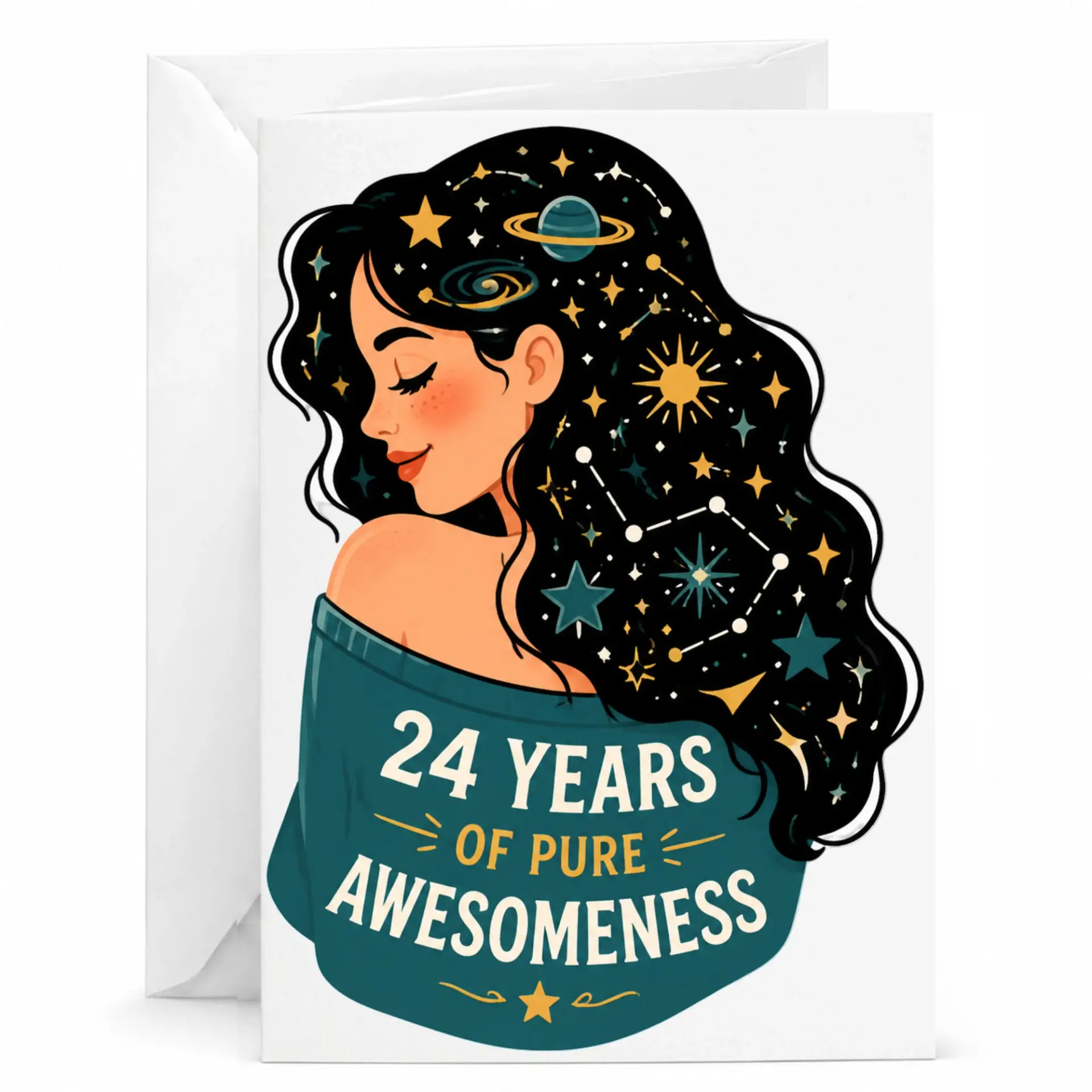 Birthday Card 24 Years of Pure Awesomeness Celestial Girl Illustration Greeting Card for Milestone Celebration