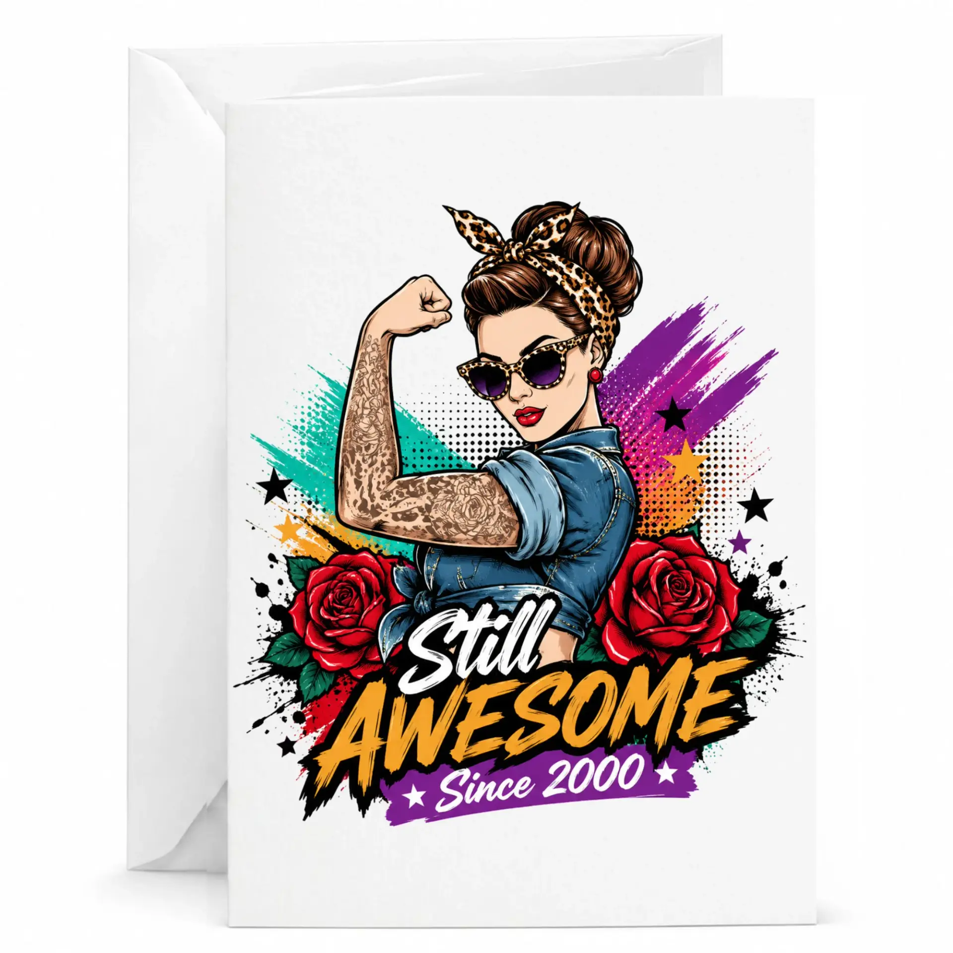 Birthday Greeting Card Still Awesome Since 2000 Empowered Woman Design Featuring Artistic Roses and Vibrant Accents