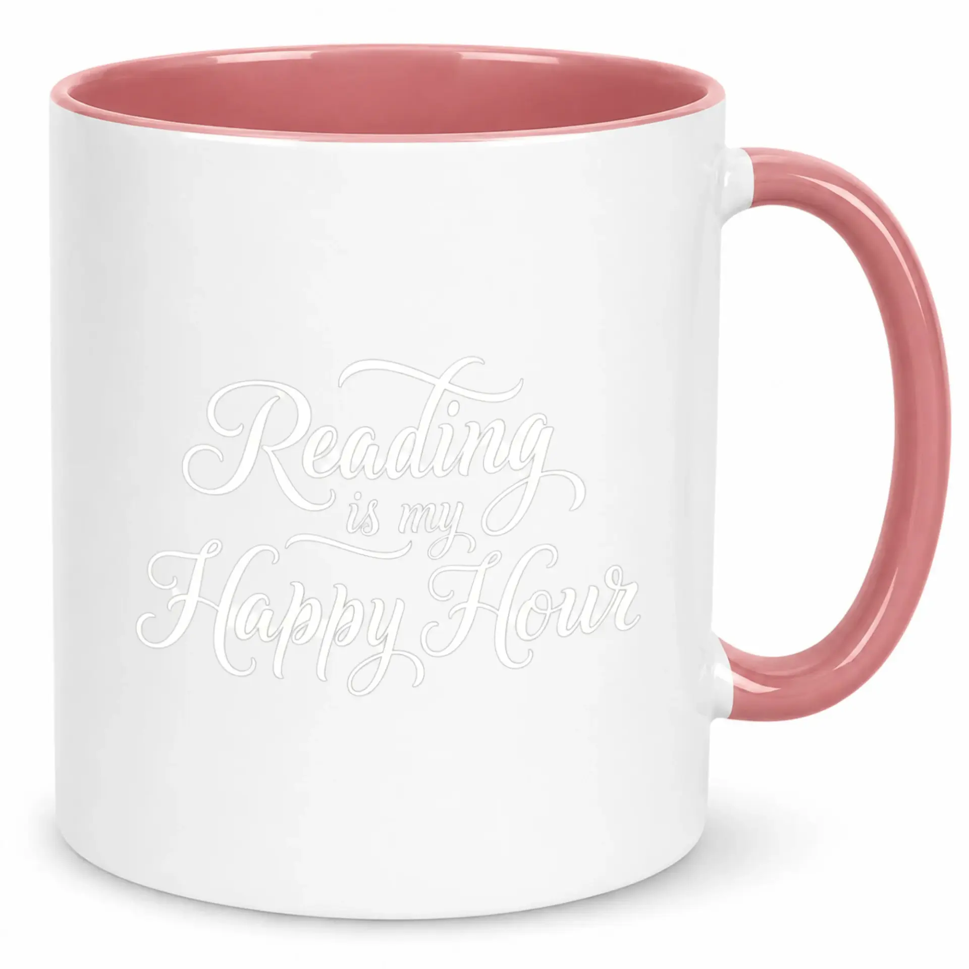 Funny Ceramic Coffee Mug with Reading Is My Happy Hour Design Pink Handle and Interior Accent 11oz Drinkware for Book Lovers
