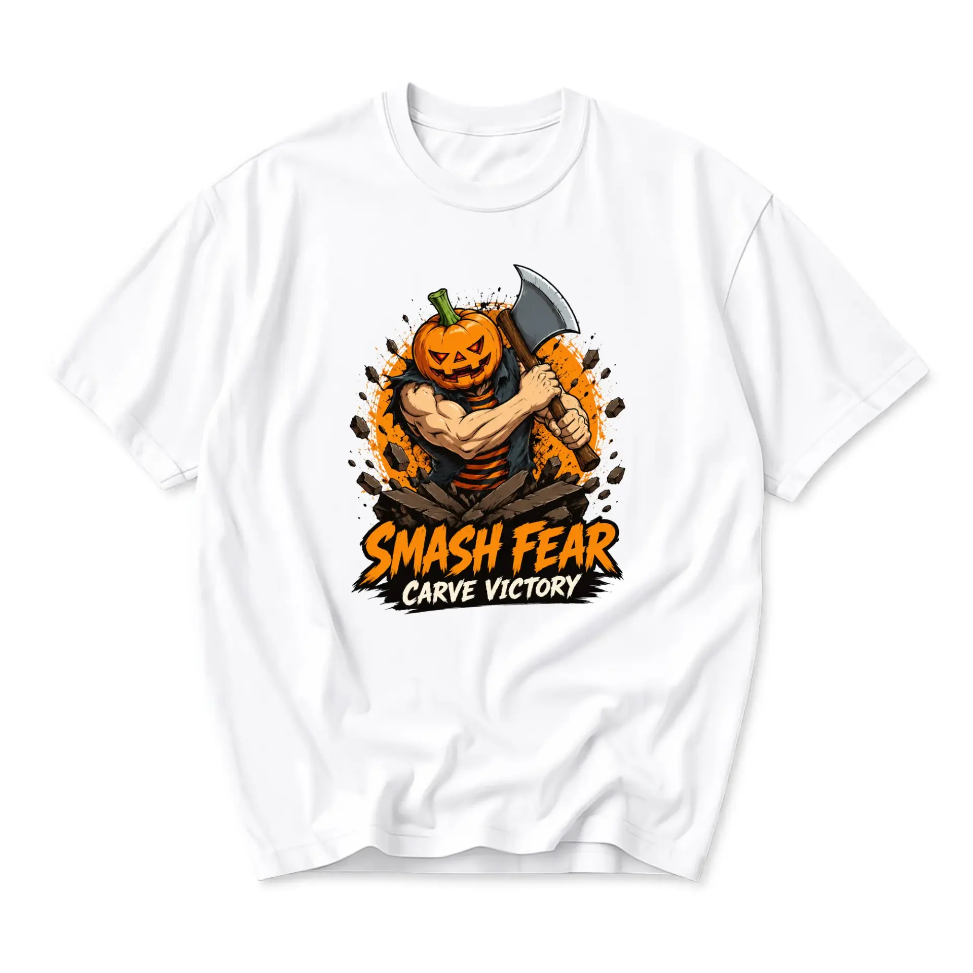 Graphic Tee Smash Fear Carve Victory Pumpkin Man T-Shirt Unisex Crew Neck Casual Everyday Wear Fall Holiday Apparel