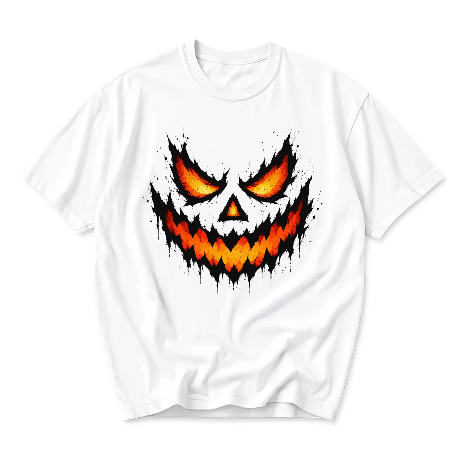 Graphic Tee Unisex Crew Neck T-Shirt Featuring a Spooky Orange and Black Jack-O-Lantern Pumpkin Face Illustration