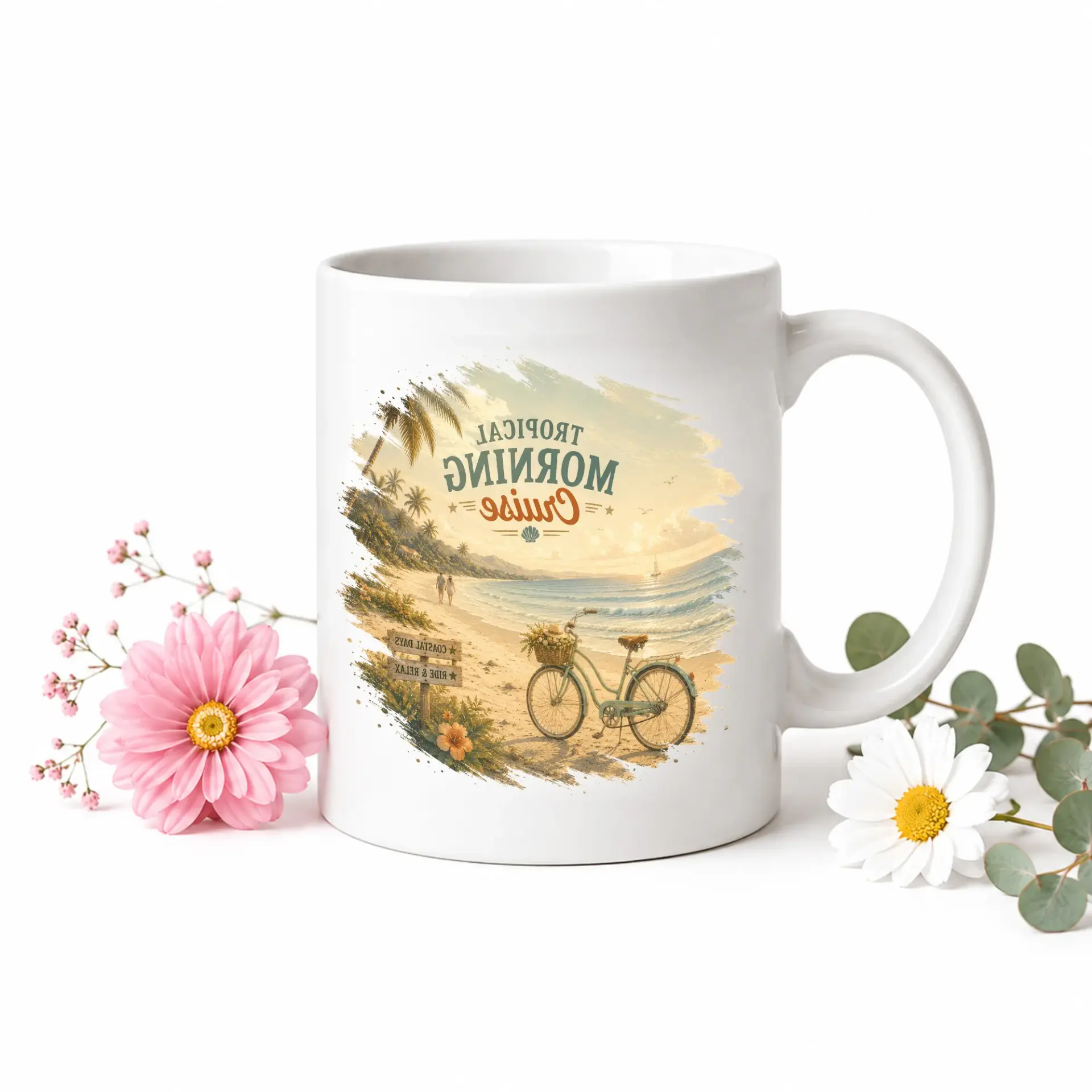 Tropical Morning Cruise Ceramic Coffee Mug with Vibrant Blue Handle for Beach Lovers and Vacation Enthusiasts