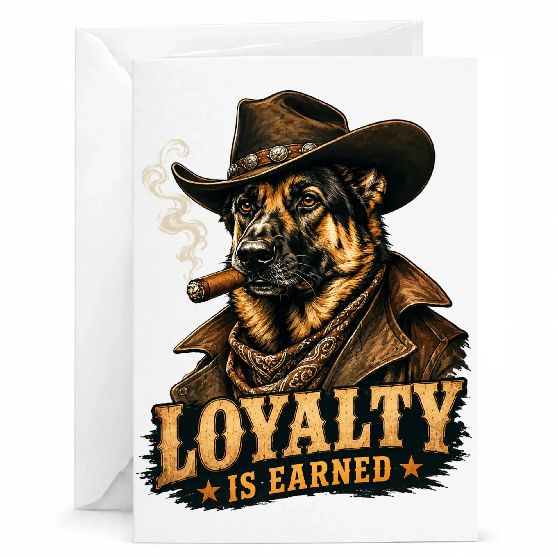 Funny Greeting Card Featuring a German Shepherd Dog in a Cowboy Hat and Leather Jacket with Loyalty Is Earned Text