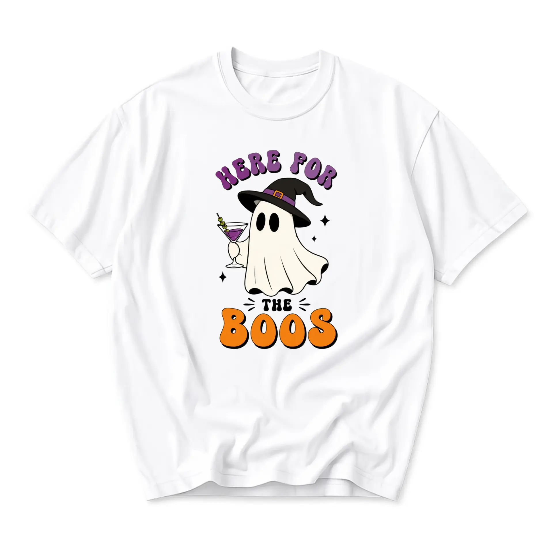 Funny Shirt Here for the Boos Ghost Graphic Tee Unisex Casual Crew Neck Soft Cotton Blend Halloween Apparel White