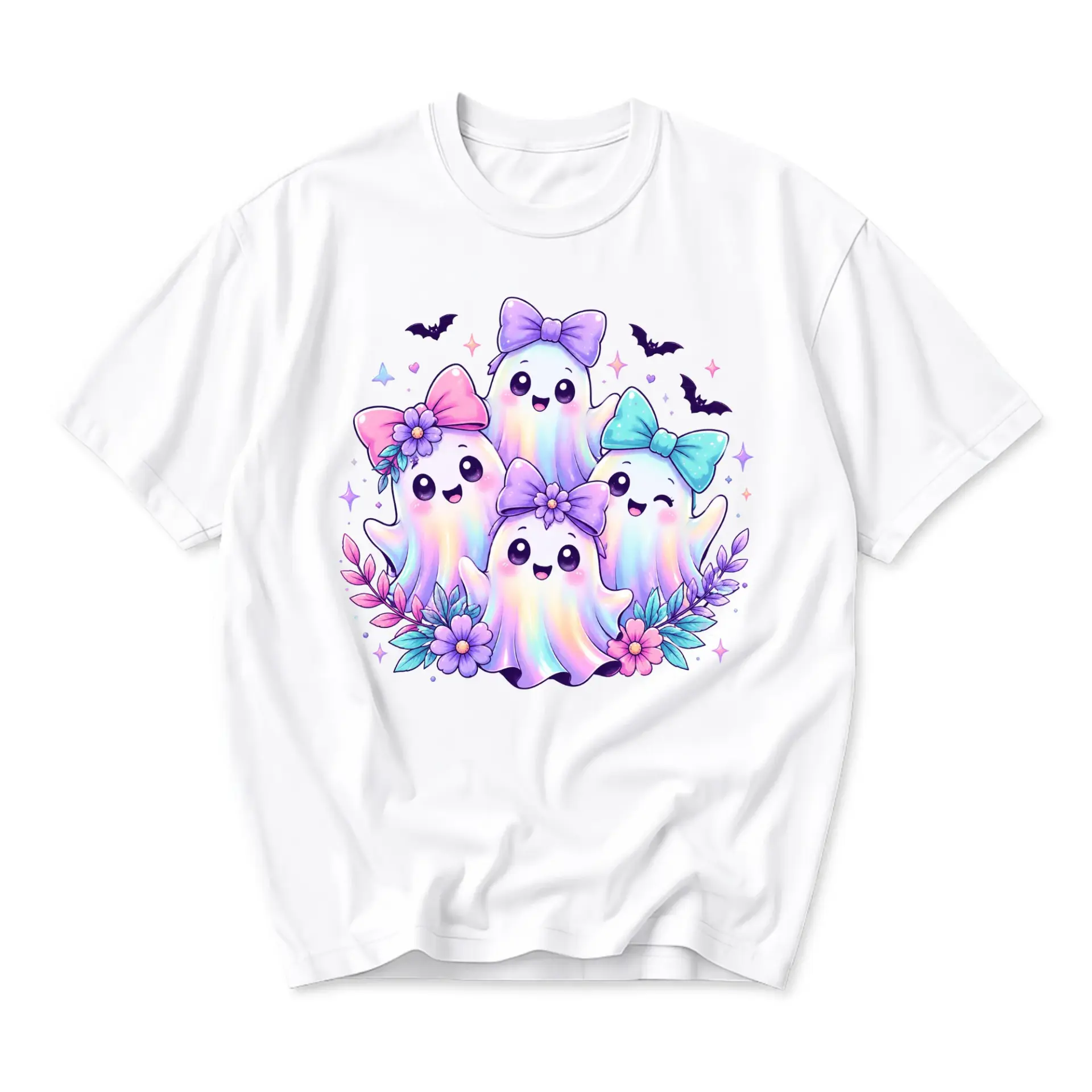 Graphic Tee Cute Ghosts with Bows and Flowers Casual Unisex Shirt for Everyday Wear and Seasonal Style White