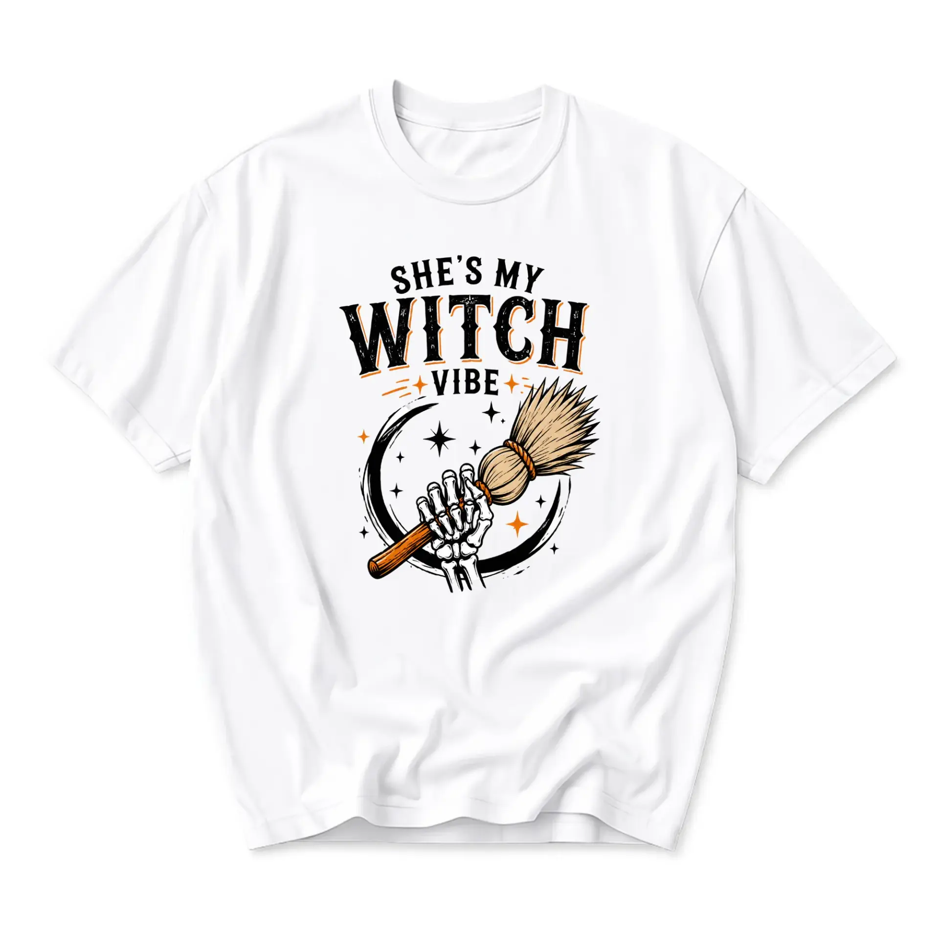 Graphic Tee She Is My Witch Vibe Unisex Crew Neck Short Sleeve Shirt Skeleton Hand Broomstick Casual Apparel