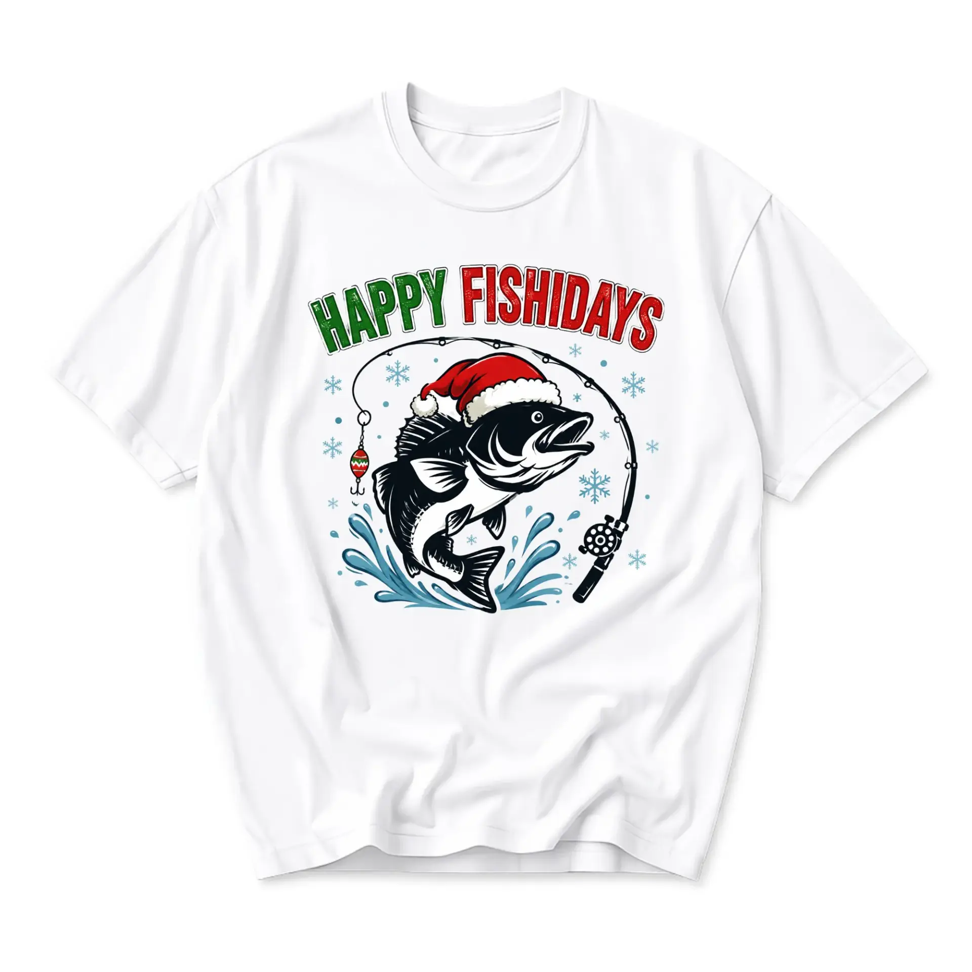 Funny Shirt Happy Fishidays Graphic Tee for Fishing Enthusiasts Christmas Holiday Apparel Unisex Crew Neck White T-Shirt