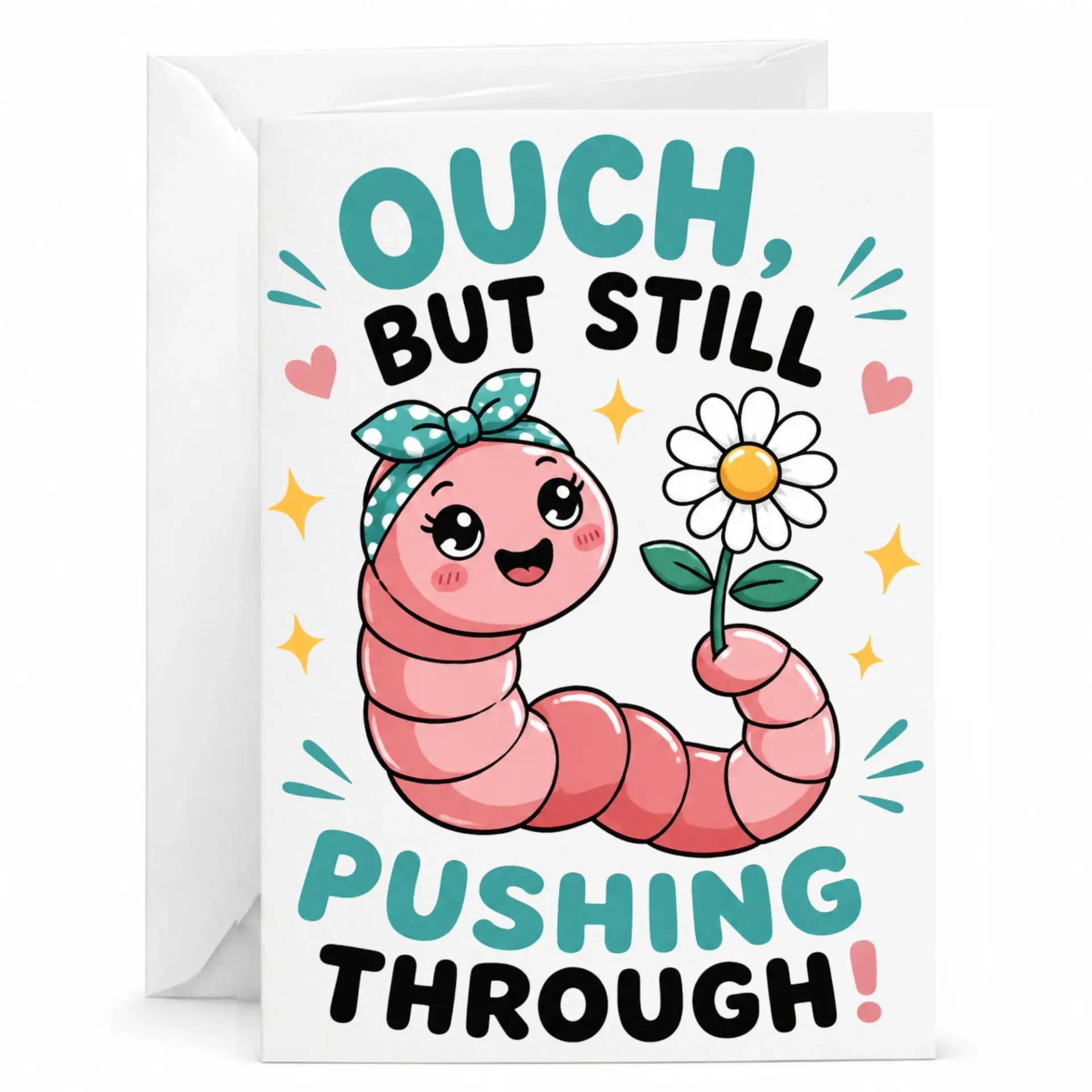 Funny Encouragement Greeting Card Ouch but Still Pushing Through Cute Worm Design for Support and Motivation
