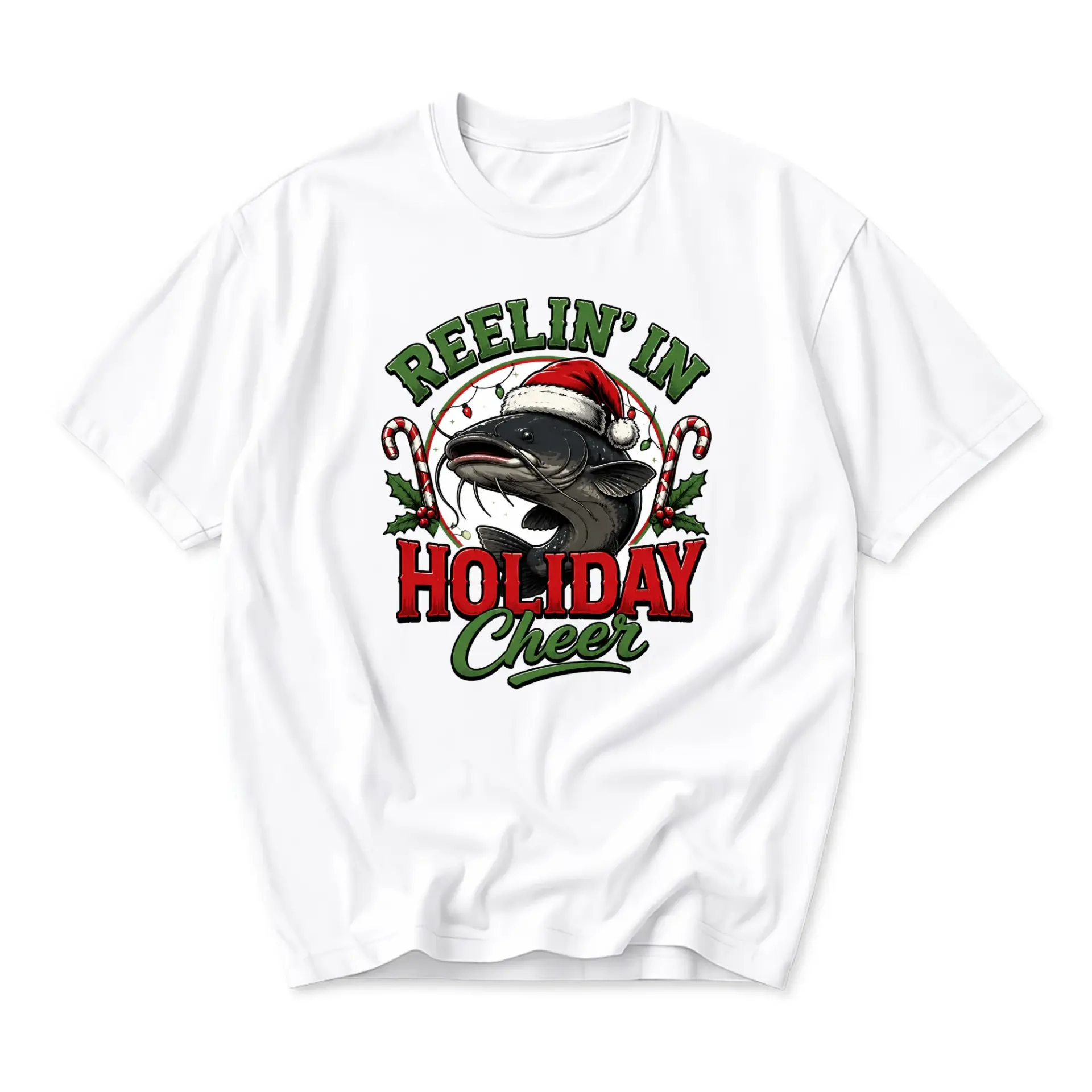 Funny Shirt Reelin in Holiday Cheer Graphic Tee Unisex Crew Neck Fishing Christmas Apparel White Cotton Blend T-Shirt
