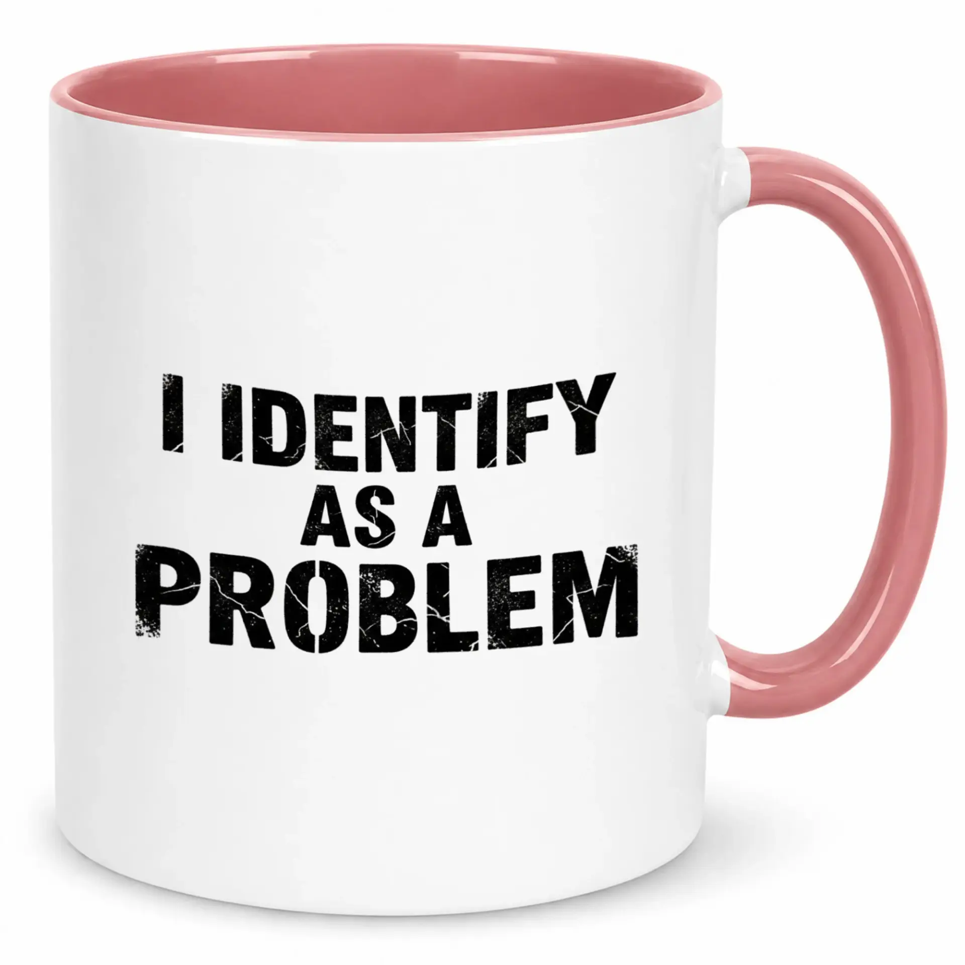 Funny Problem Identifier Ceramic Coffee Mug with Pink Handle and Interior, Humorous Quote Beverage Cup, 11 Oz or 15 Oz Drinkware Gift