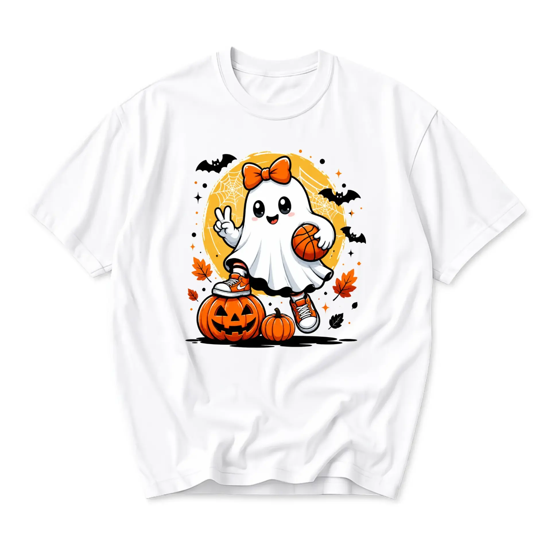 Graphic Tee Cute Ghost Playing Basketball with Pumpkin Halloween Fall Autumn Unisex Crew Neck Short Sleeve Shirt