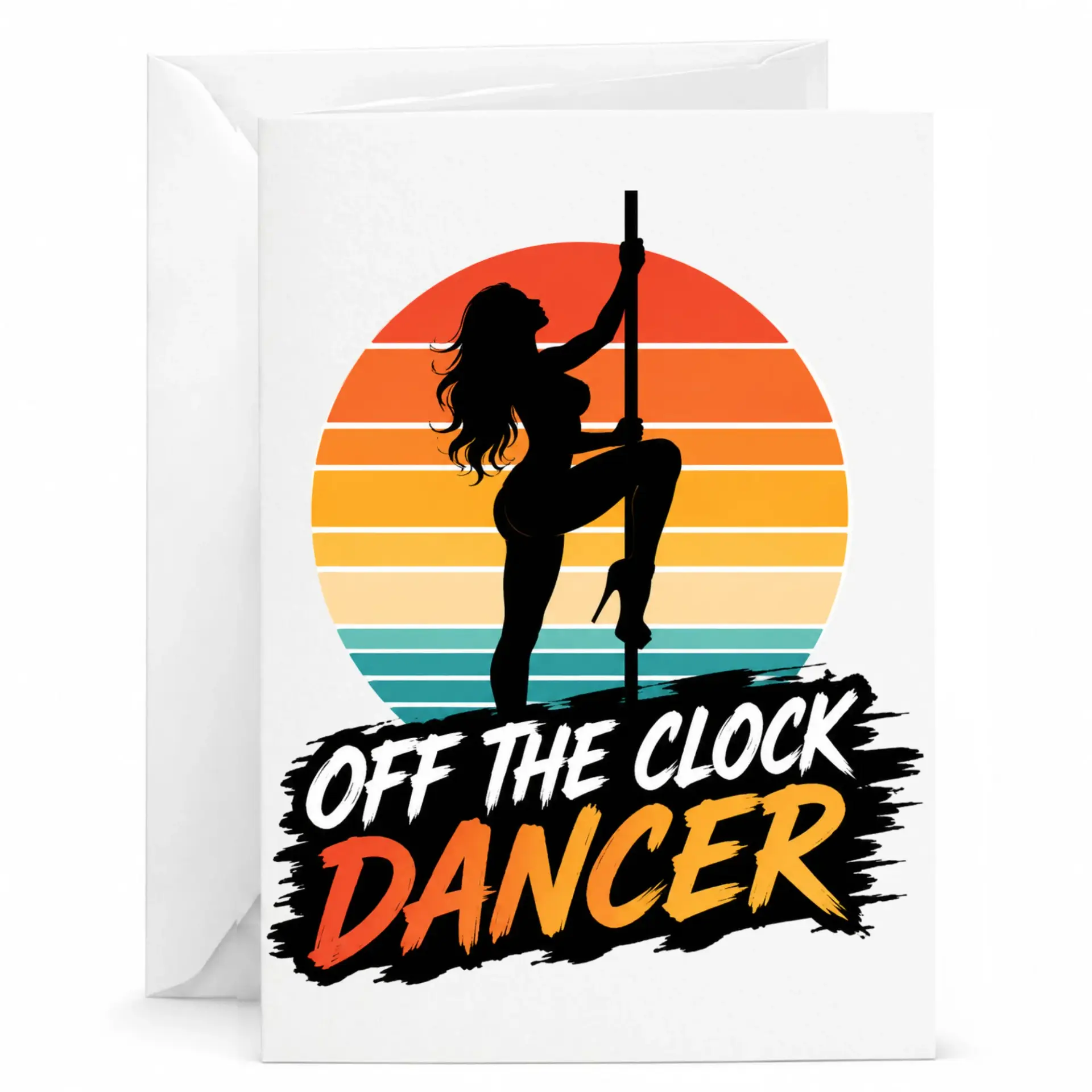 Funny Off the Clock Dancer Greeting Card Retro Sunset Design Professional Heavyweight Paper Stationery for Adults