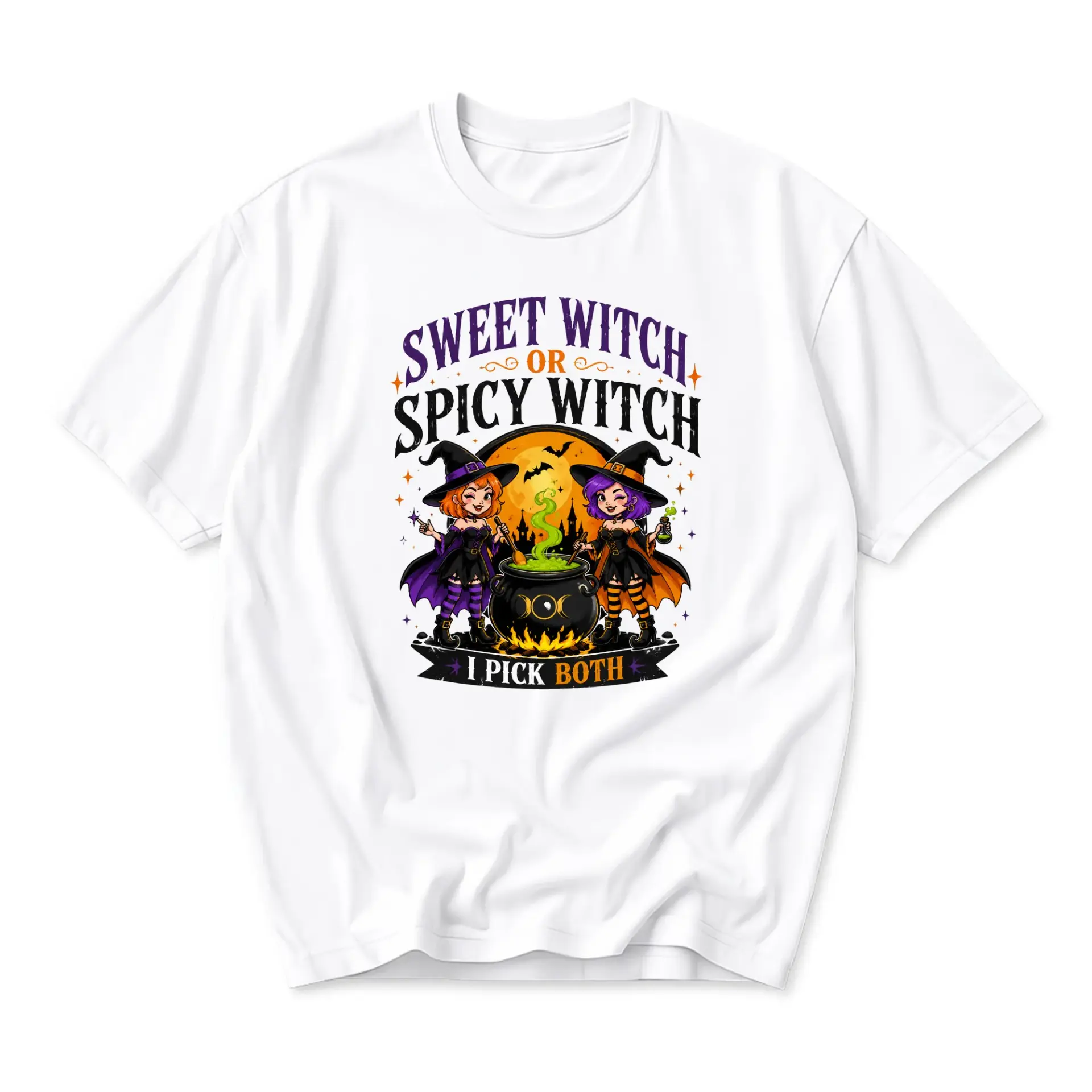 Funny Shirt Sweet Witch or Spicy Witch I Pick Both Graphic Tee Casual Cotton Blend Short Sleeve Crew Neck Top
