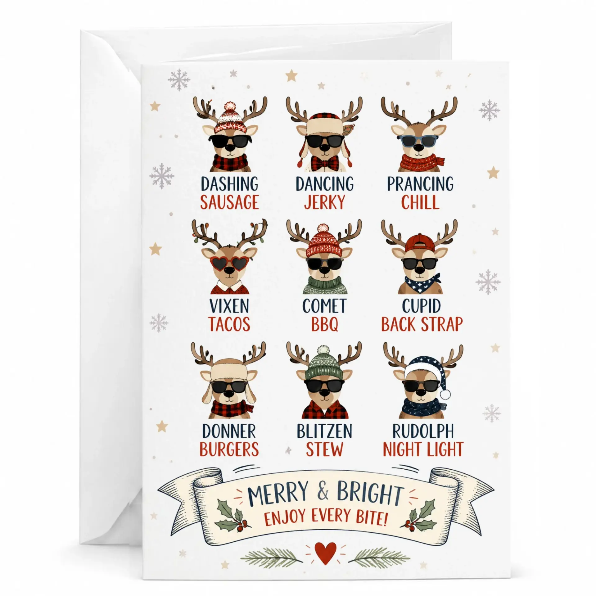 Funny Reindeer Holiday Greeting Card, Merry and Bright Christmas Note with Matching White Envelope, Festive Seasonal Card