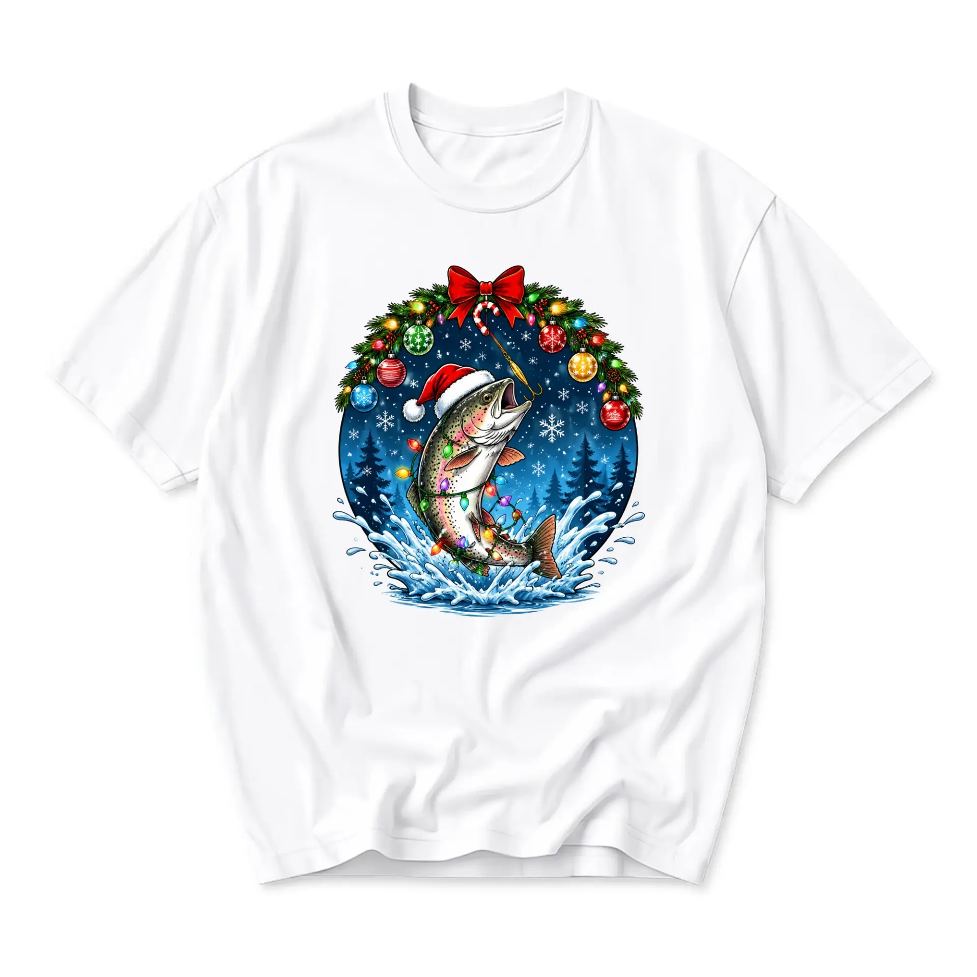 Graphic Tee Unisex Holiday Fishing Shirt Christmas Trout Printed T-Shirt for Casual Everyday Wear