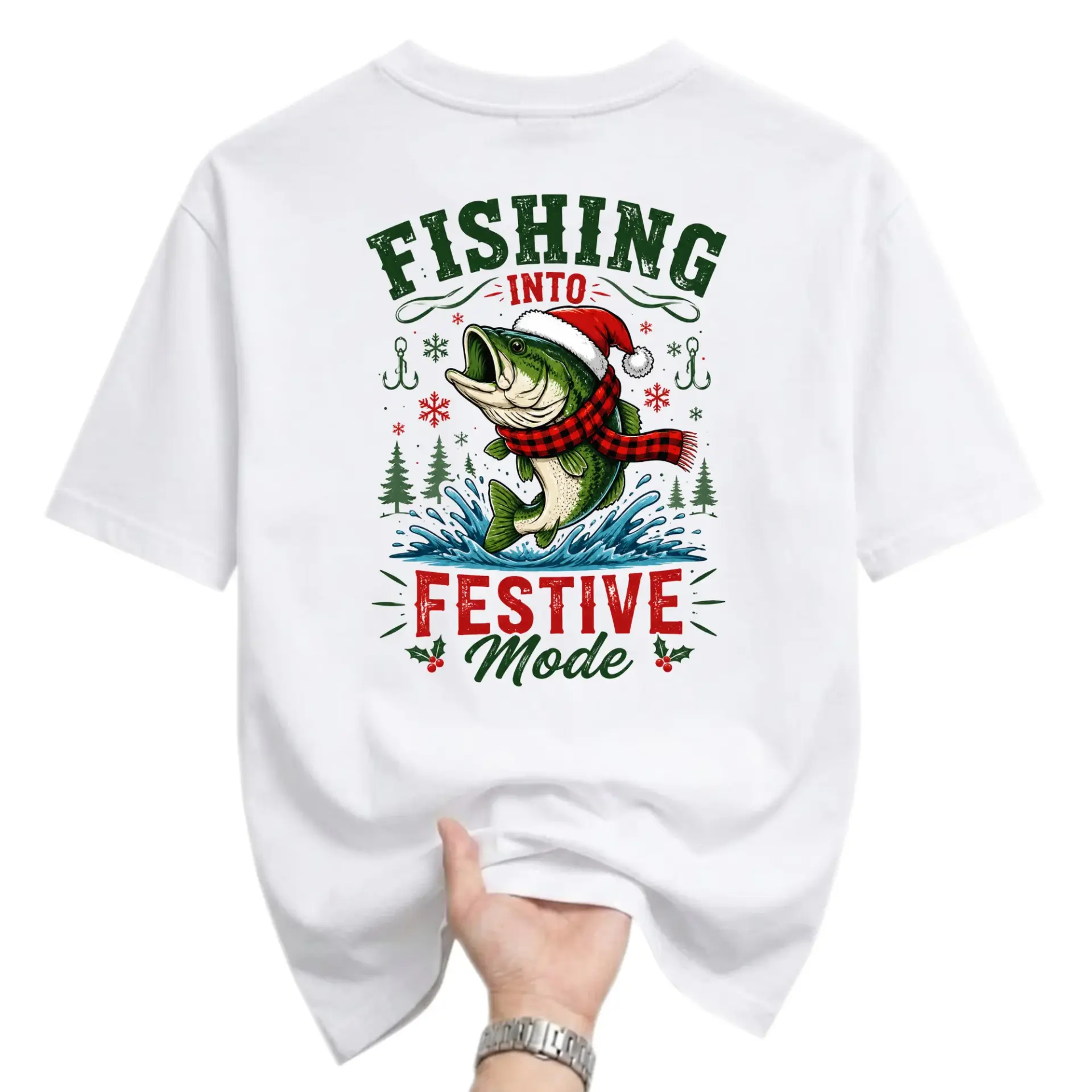 Graphic Tee Fishing into Festive Mode Holiday Shirt Unisex Crew Neck Short Sleeve Cotton Casual Apparel for Outdoors