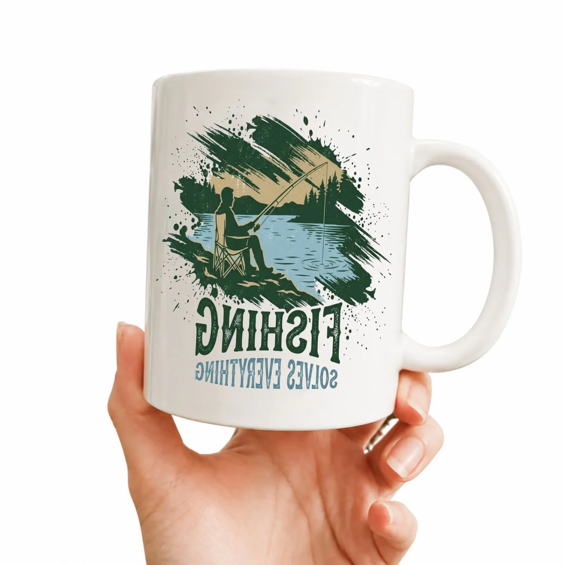 Funny Fishing Solves Everything Ceramic Coffee Mug Outdoors Enthusiast Two Beverage Cup for Home Office Use