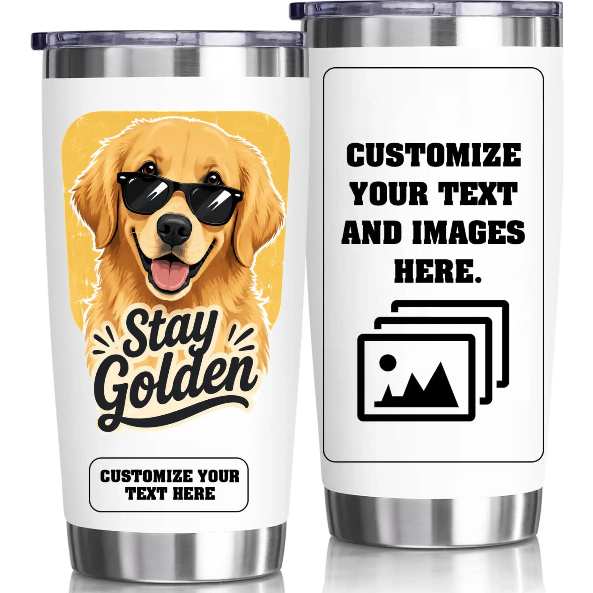 Stainless Steel Tumbler 20oz Insulated Cup Featuring Golden Retriever Dog Graphic and Customizable Text Area