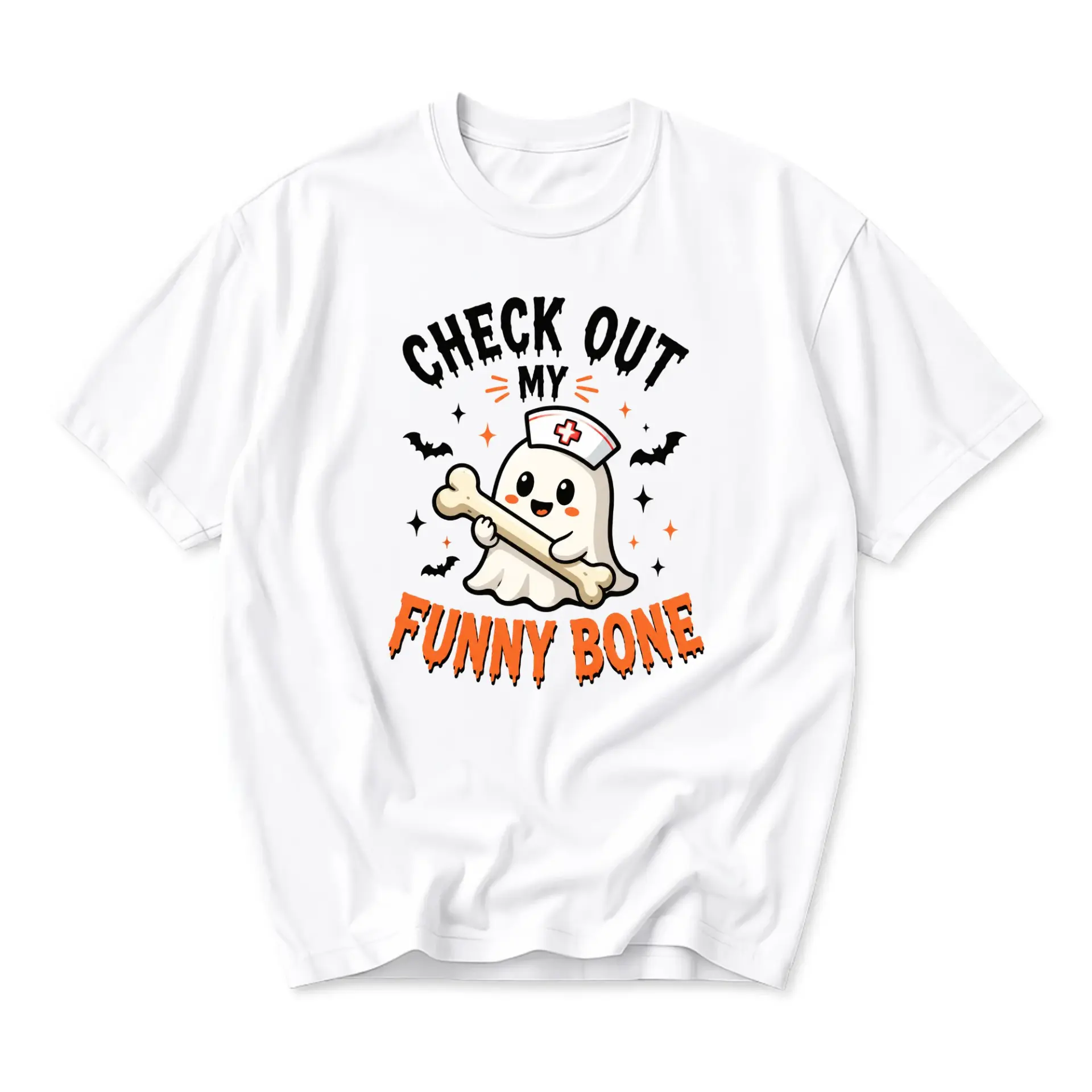 Funny Shirt Check Out My Funny Bone Ghost Nurse Unisex Graphic Printed T-Shirt Casual Everyday Apparel Cotton Blend