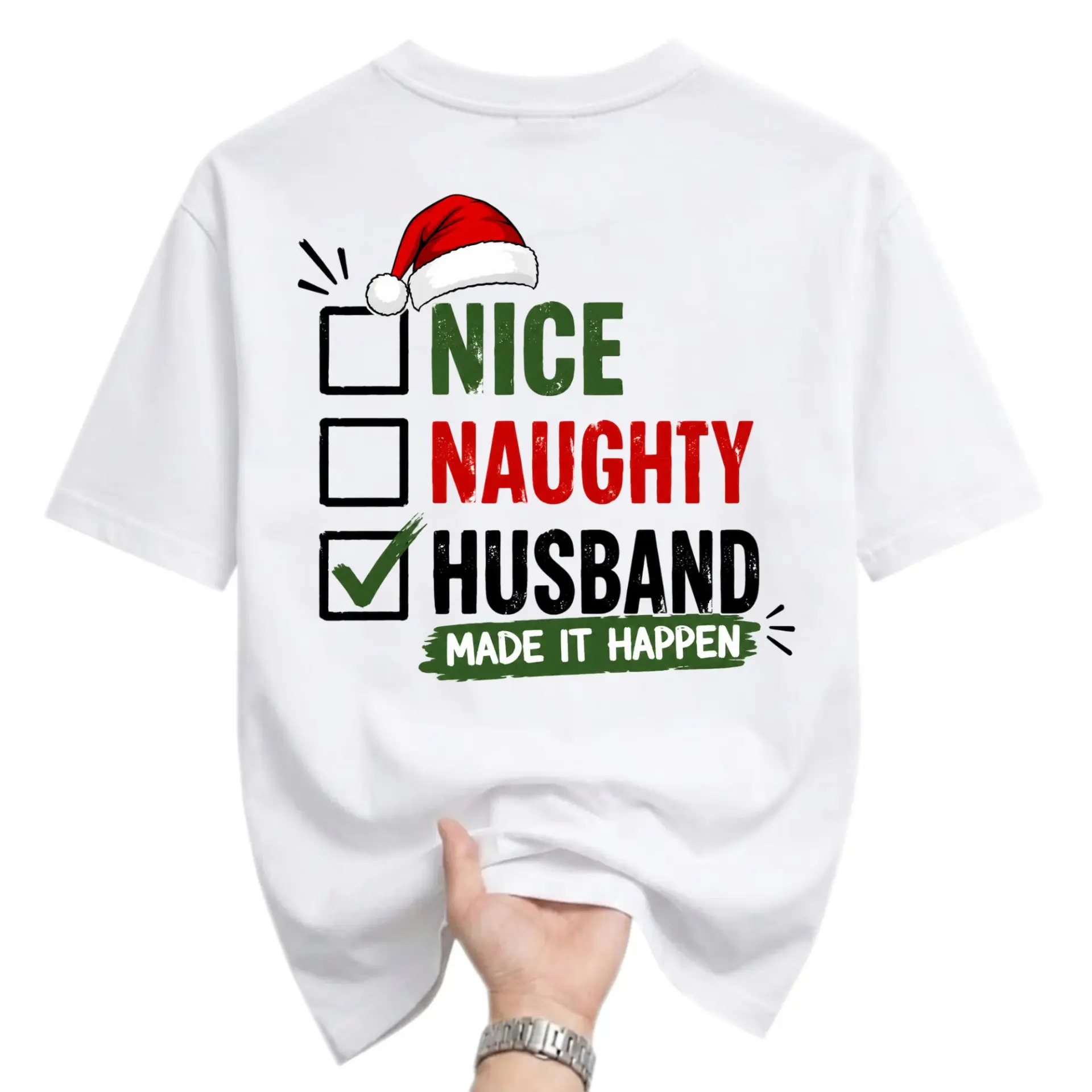Funny Shirt Nice Naughty Husband Checklist Christmas Graphic Tee Casual