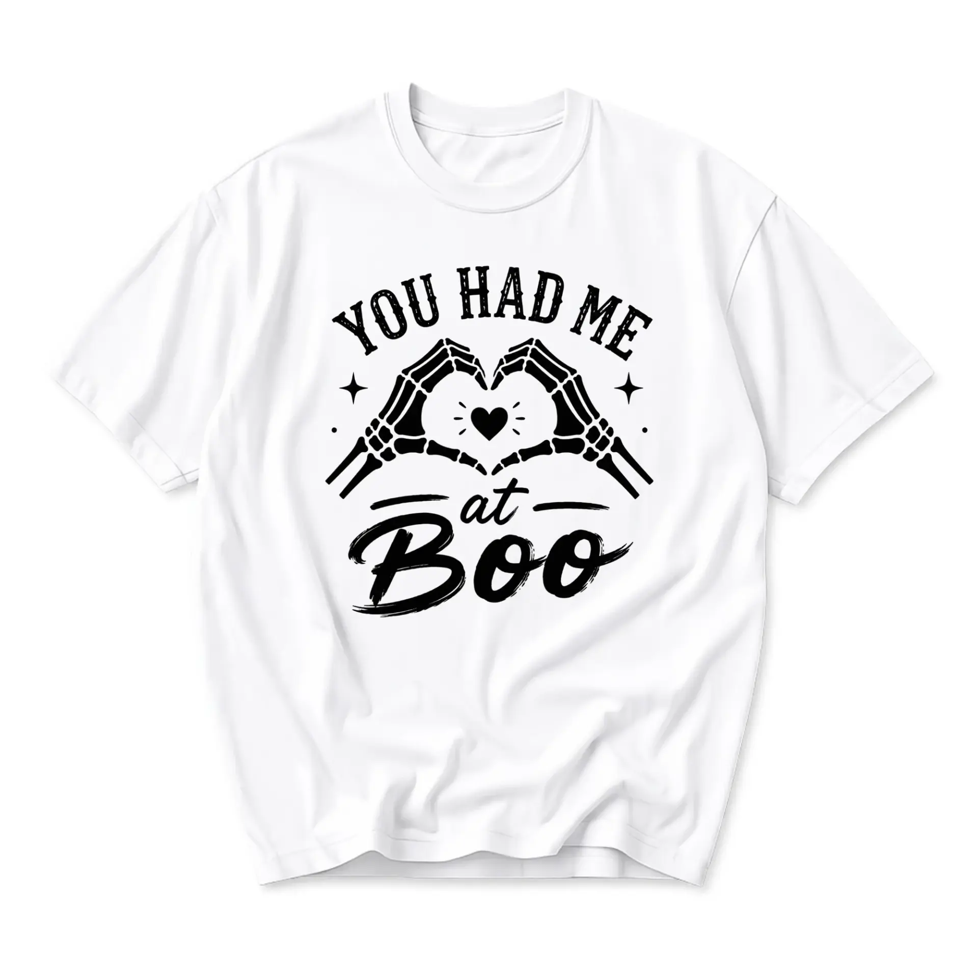 Graphic Tee You Had Me at Boo Skeleton Heart Hands Unisex Crew Neck Shirt for Seasonal Style and Casual Everyday Wear