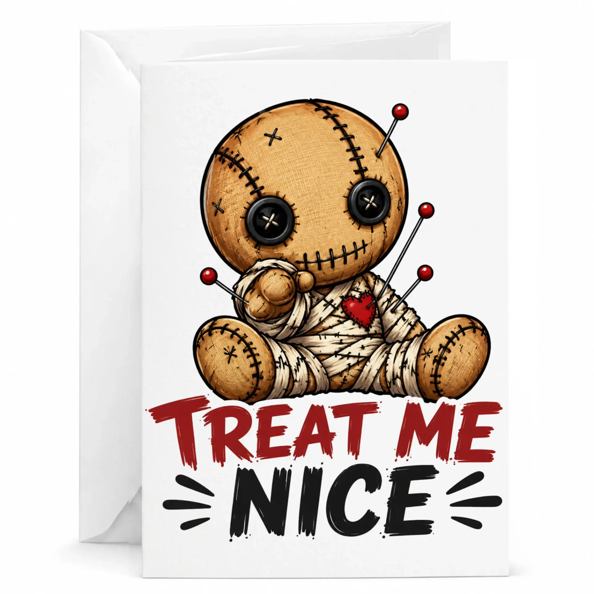 Funny Doll Greeting Card Treat Me Nice Humor Pun for Friends and Family Any Occasion 5x7 Inches