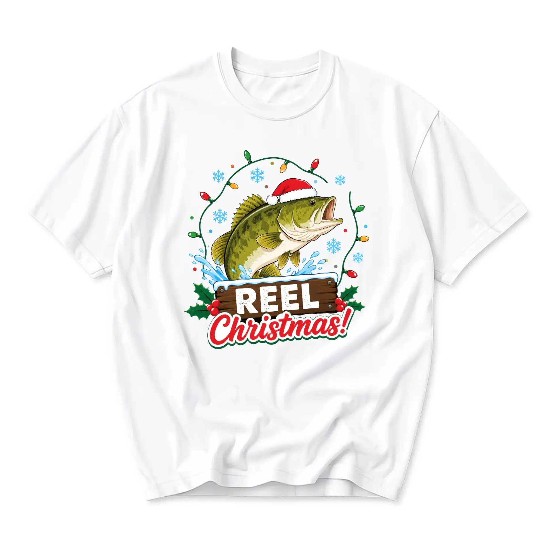 Graphic Tee Reel Christmas Fish Santa Hat Holiday Humor Unisex Short Sleeve Crew Neck Cotton Shirt