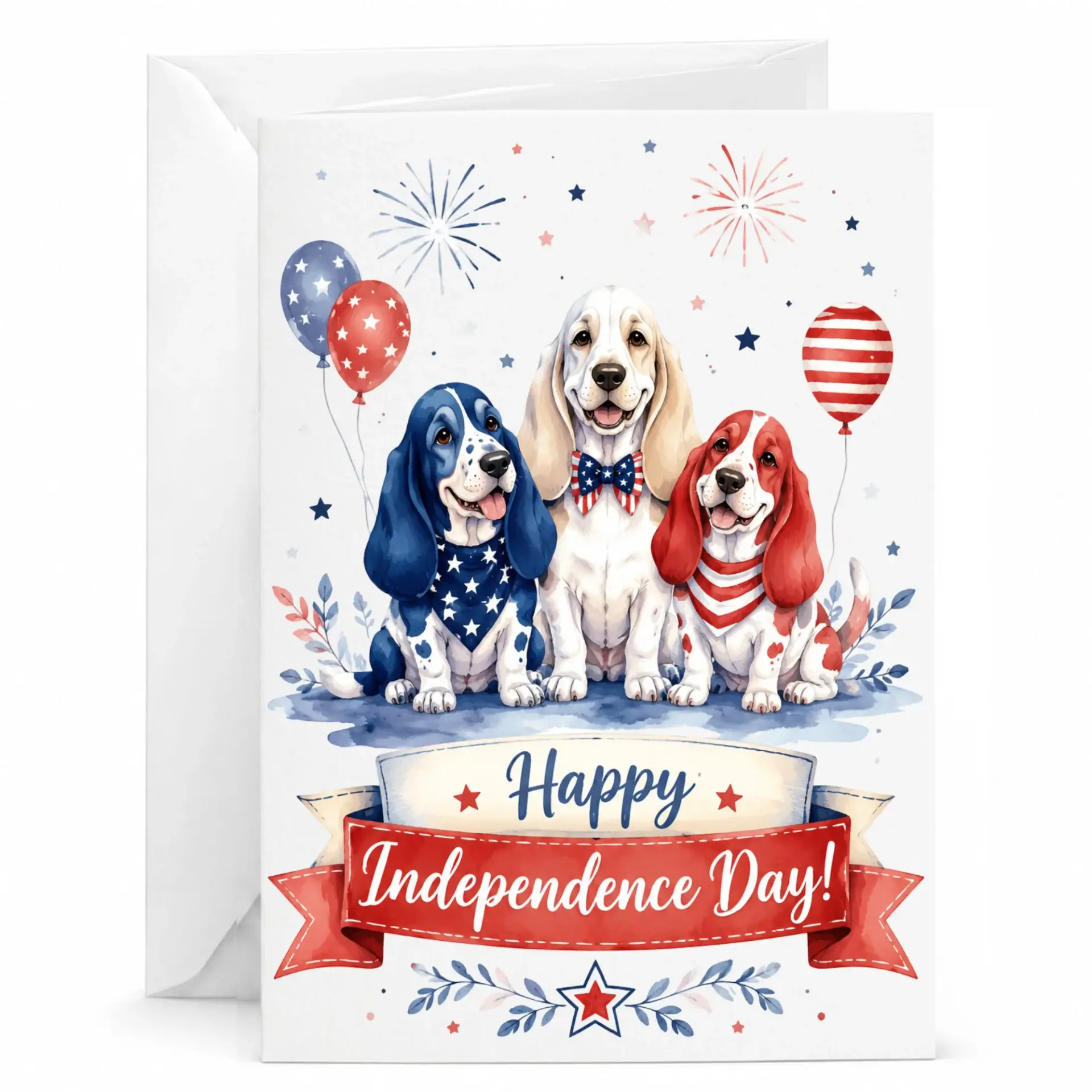 Holiday Greeting Card Featuring Patriotic Basset Hounds