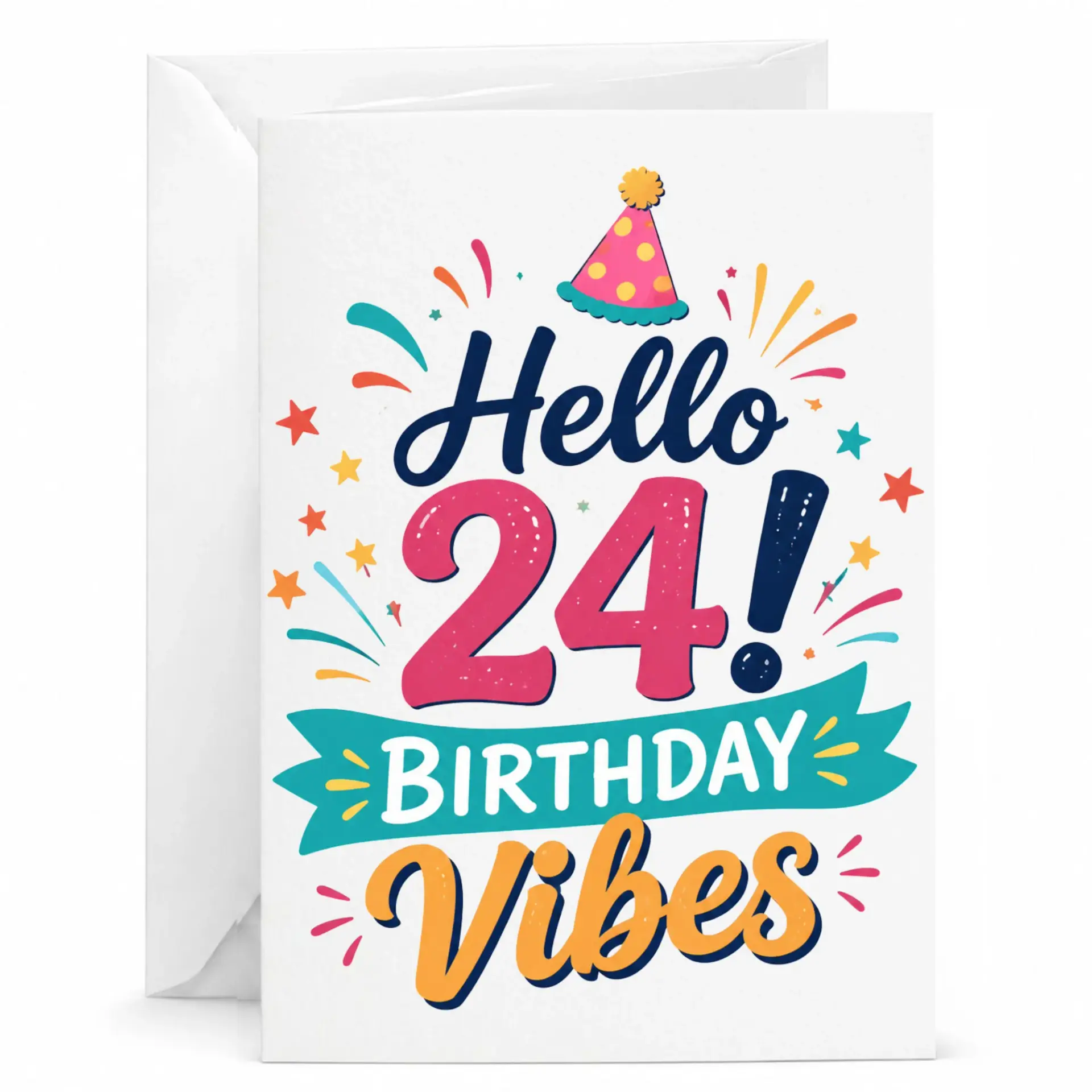 Birthday Card Hello 24 Birthday Vibes Party Celebration Greeting Card with Matching White Envelope for Milestone Birthdays