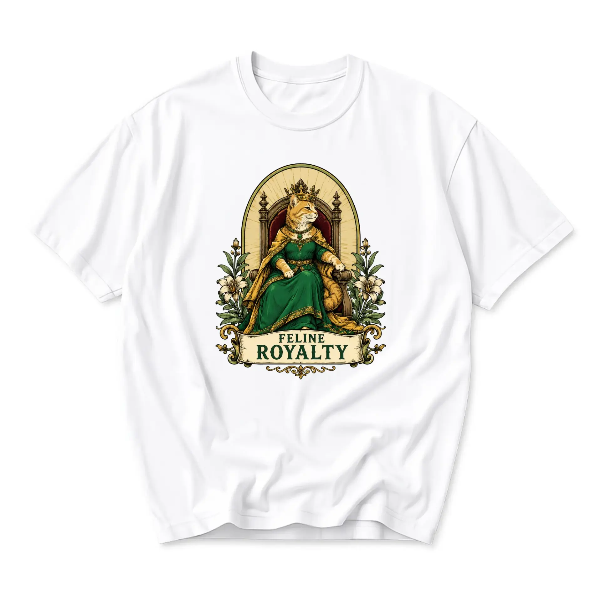 T-shirt Graphic Tee Feline Royalty Cat Design Unisex Crew Neck Soft Cotton Casual Wear Everyday Apparel White