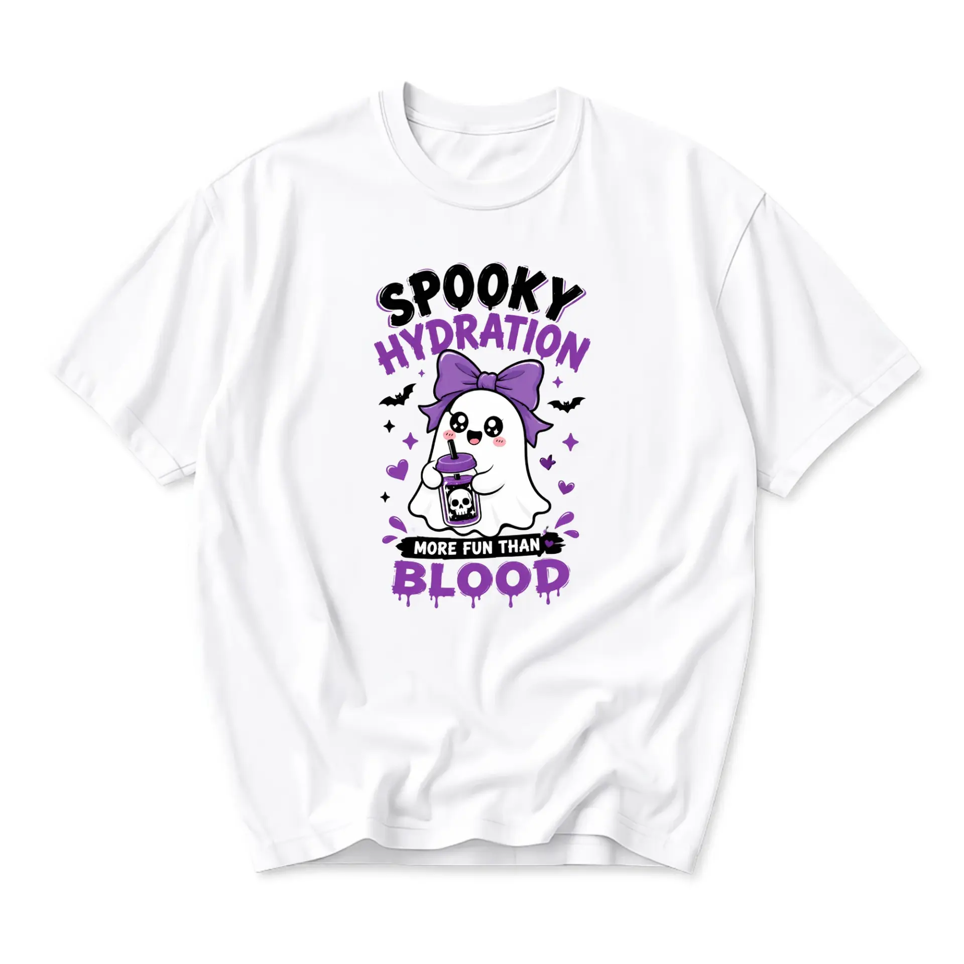 Funny Shirt Spooky Hydration Graphic Tee Cute Ghost Drinking Tumbler Print Unisex Casual Everyday Crew Neck T-Shirt