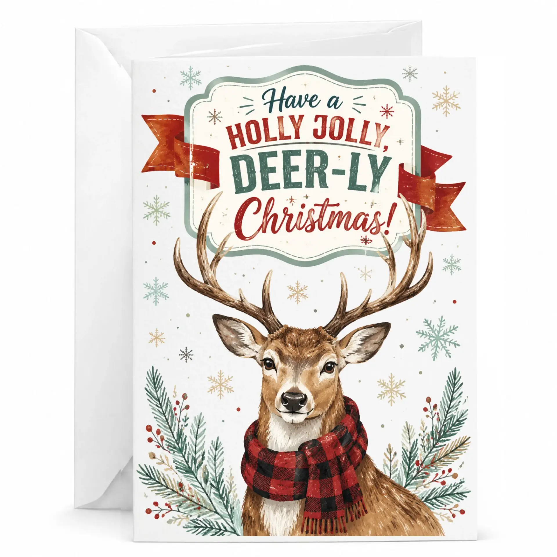 Funny Christmas Deer Greeting Card with Holiday Pun and Buffalo Plaid Scarf Illustration for Seasonal Stationery