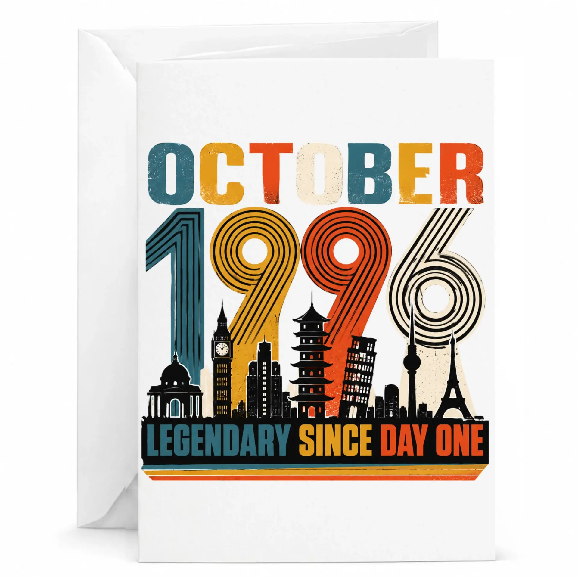 Birthday Card October 1996 Legendary Since Day One Vintage Style Landmark Skyline Greeting Card with Envelope