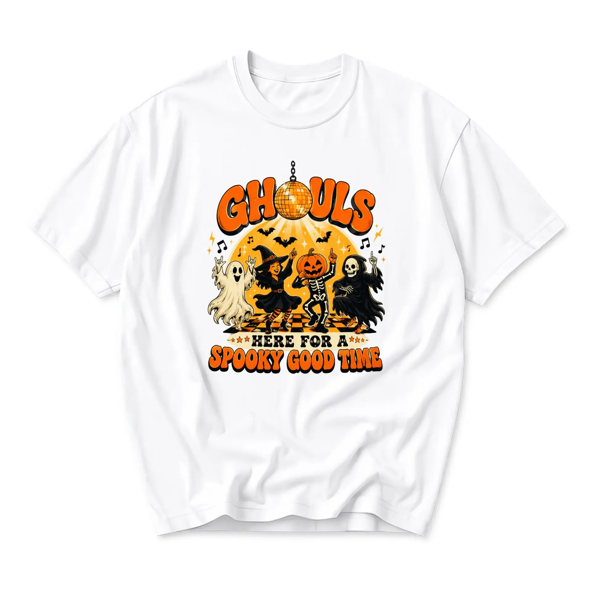 Graphic Tee Unisex Crew Neck Short Sleeve Shirt Featuring Retro Halloween Disco Party Scene Fun Holiday Apparel
