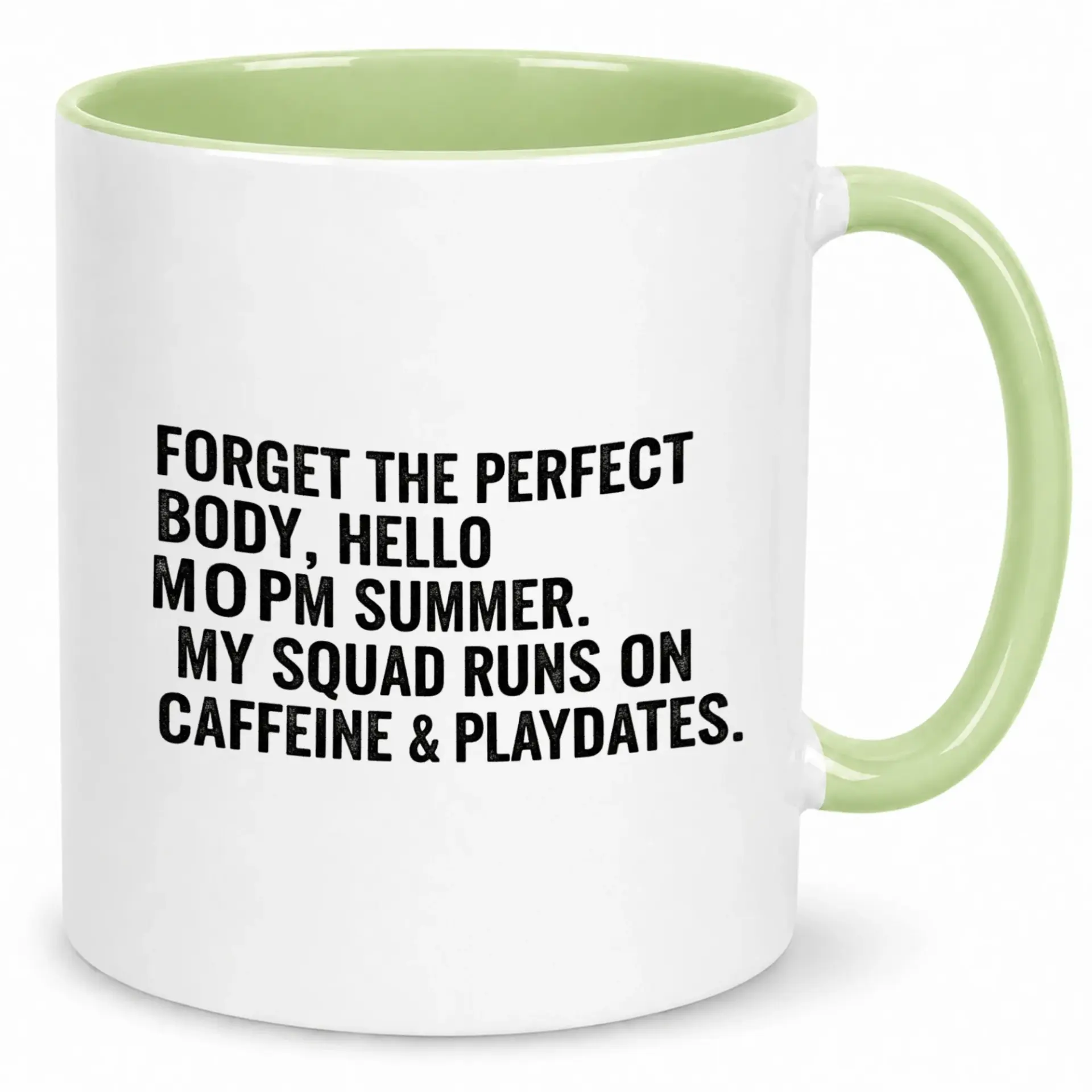 Funny Mom Squad Caffeine & Playdates Ceramic Coffee Mug with Green Handle & Interior, Unique Drinkware Gift for Summer Season