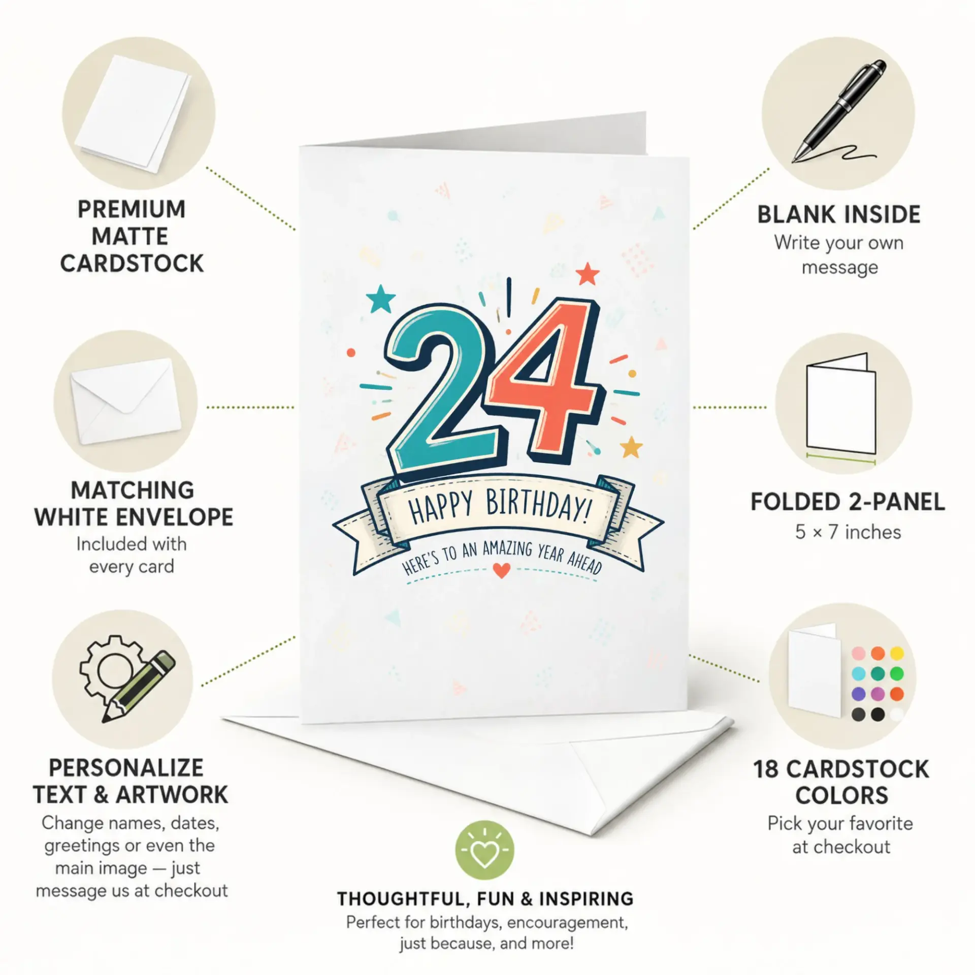 Birthday Card for 24th Birthday Celebration Colorful Illustrated Design Greeting Card with Matching White Envelope