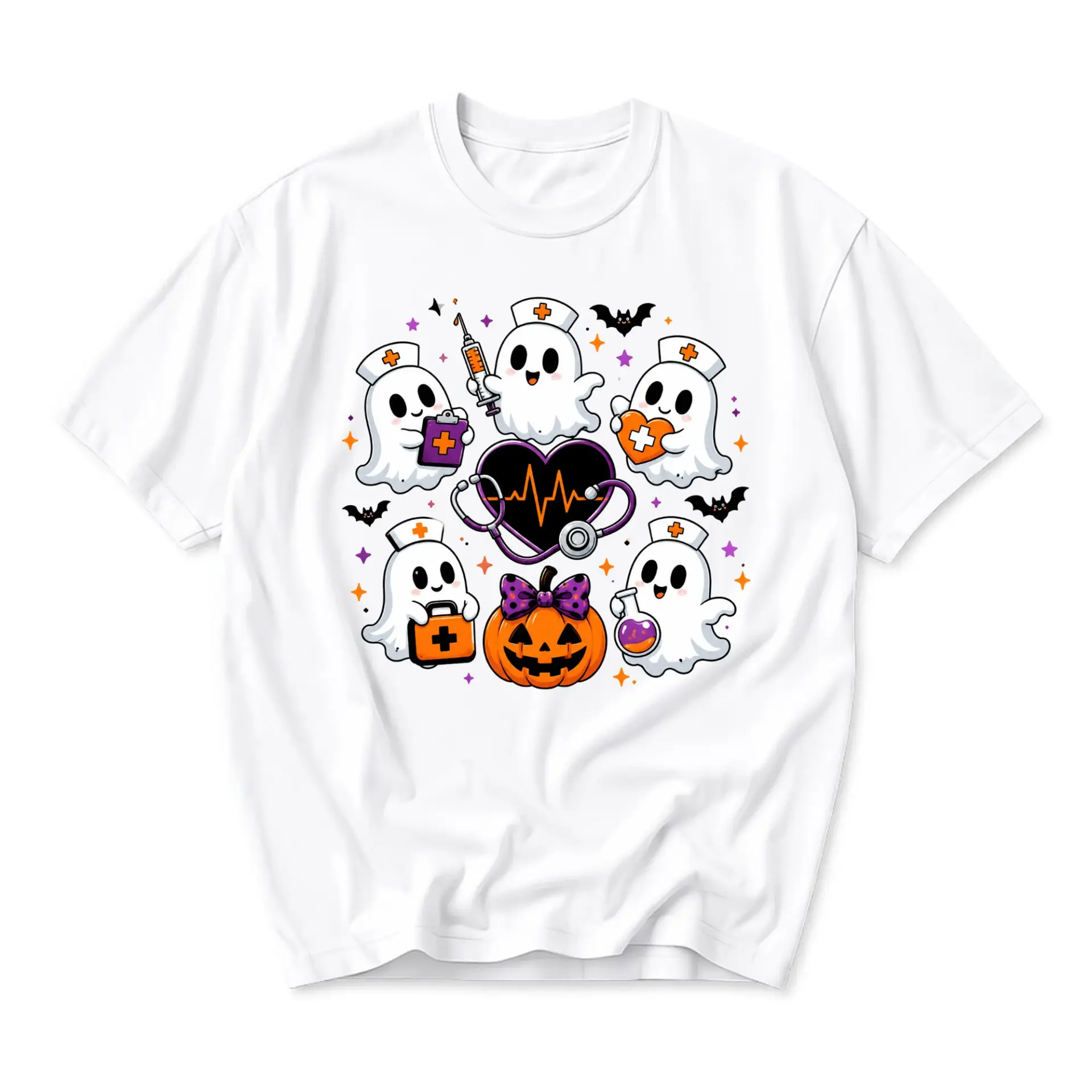 Graphic Tee Unisex Halloween Ghost Nurse T-Shirt Cute Spooky Medical Staff Design Soft Cotton Crew Neck Everyday Shirt